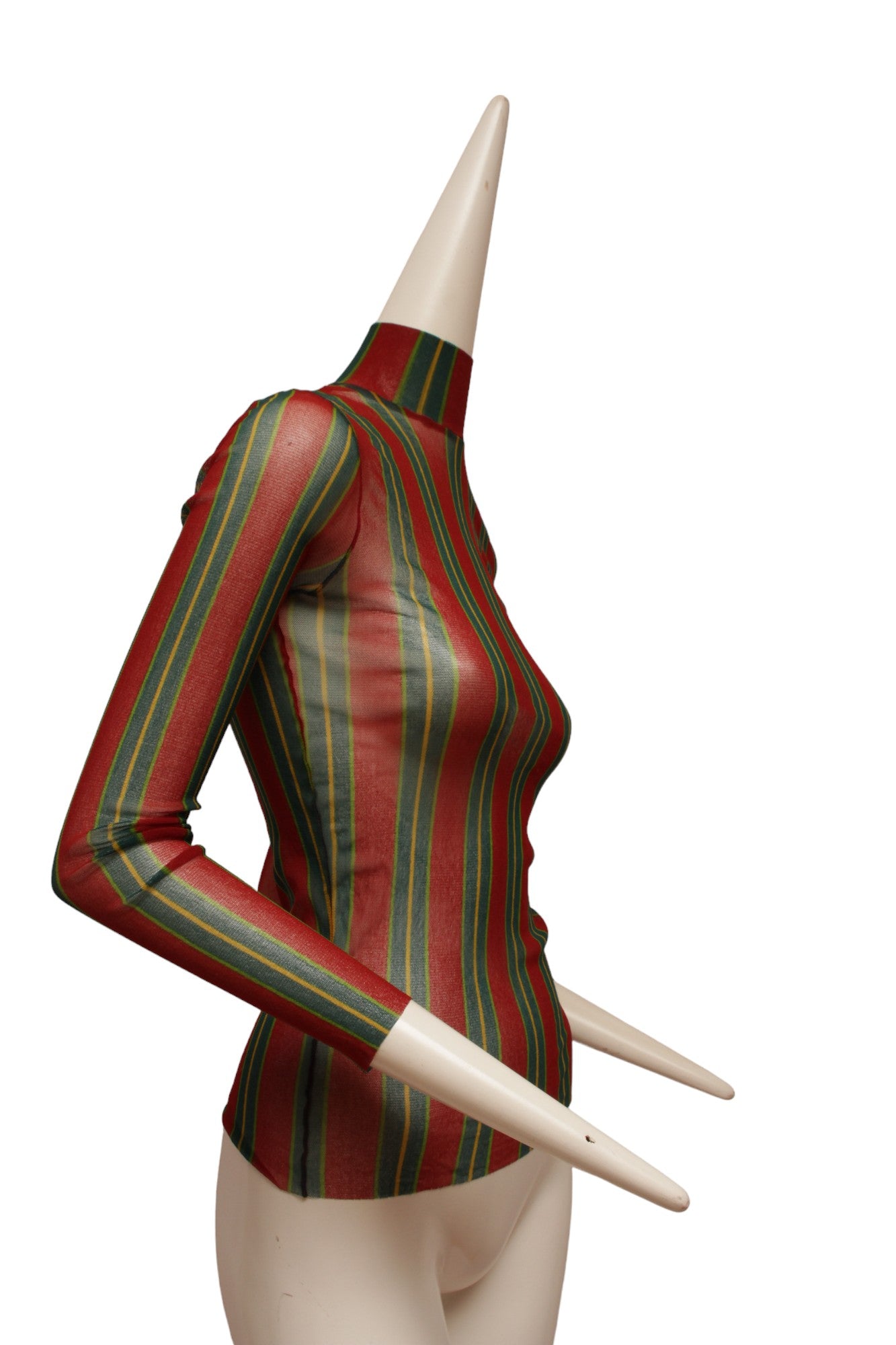JEAN PAUL GAULTIER, Maille, RARE, Green, Red and Yellow Vertical Striped Long Sleeve, Mock Neck Mesh top