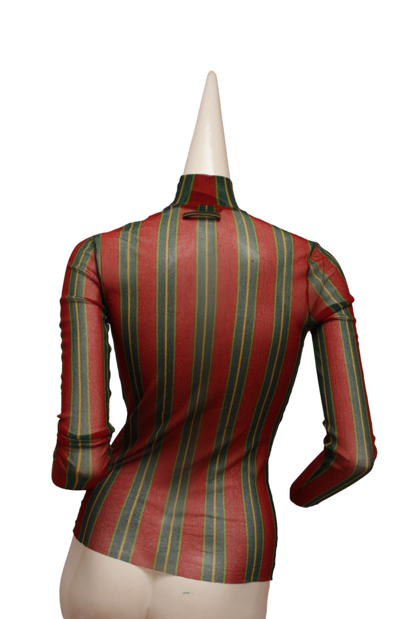 JEAN PAUL GAULTIER, Maille, RARE, Green, Red and Yellow Vertical Striped Long Sleeve, Mock Neck Mesh top