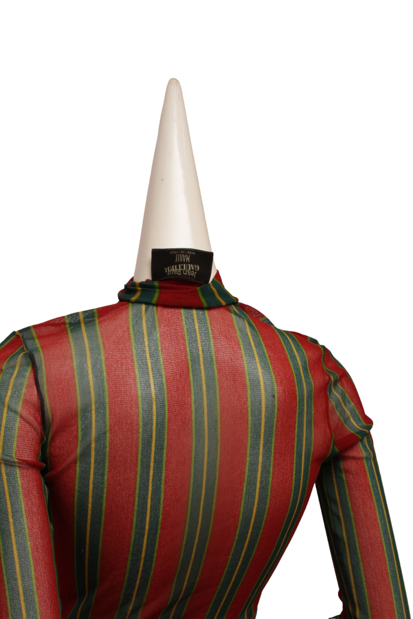 JEAN PAUL GAULTIER, Maille, RARE, Green, Red and Yellow Vertical Striped Long Sleeve, Mock Neck Mesh top
