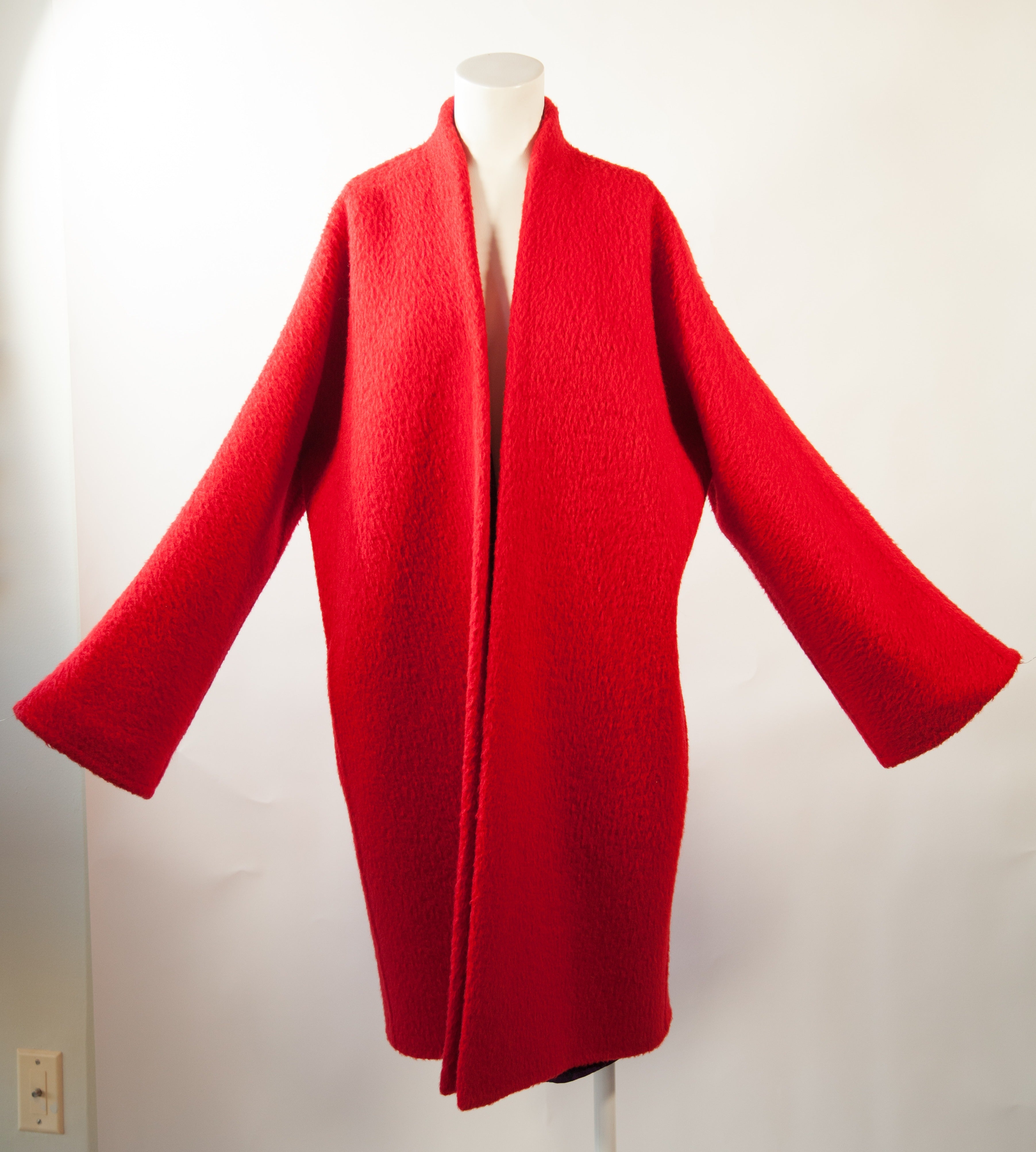 GIANFRANCO FERRE, Crimson Wool and Alpaca, Oversized Cocoon Coat with Purple Silk Lining, c. 1978