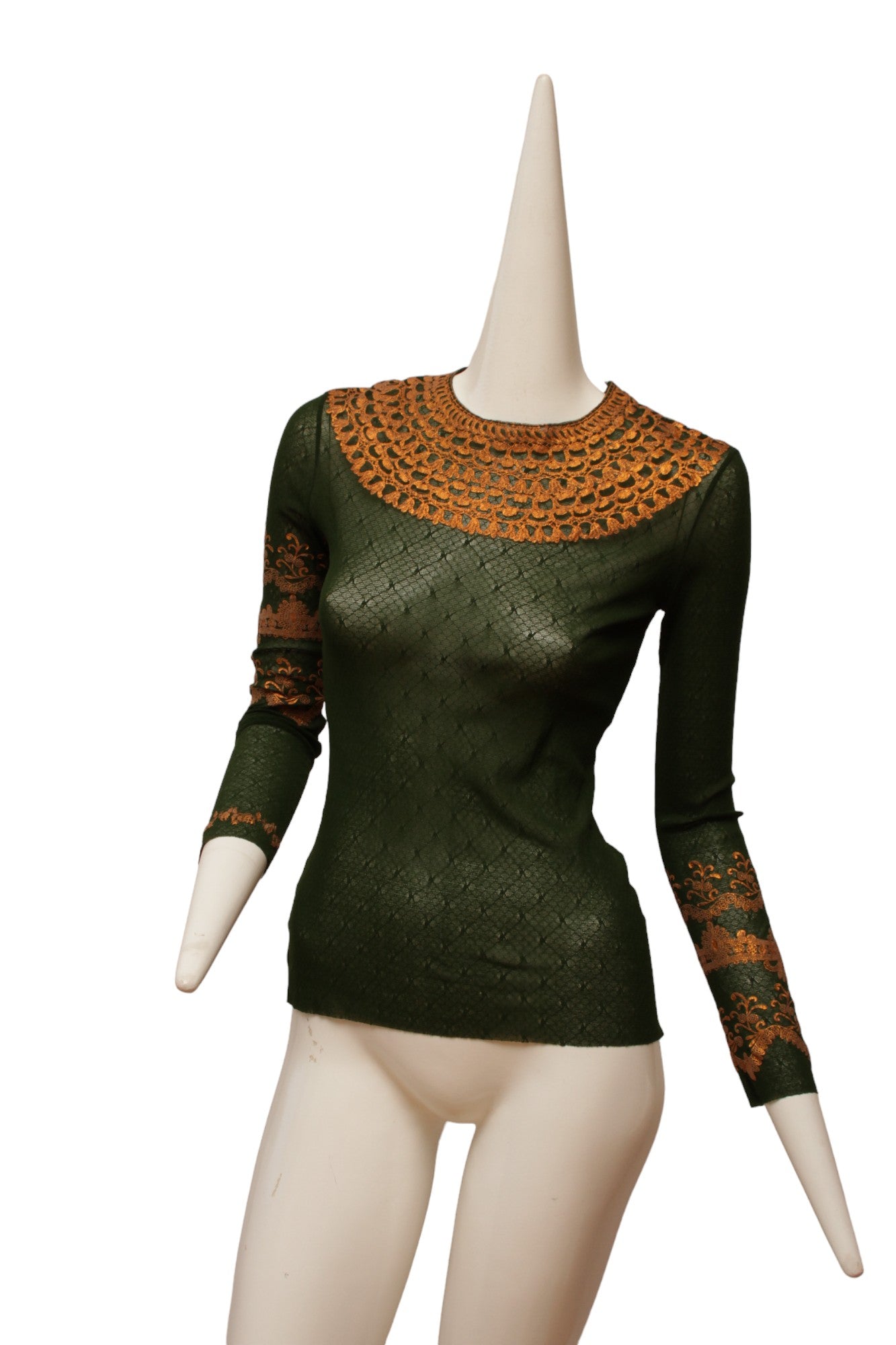 Jean Paul Gaultier Maille Dark Green Long Sleeve Mesh with Gold Metallic Detail