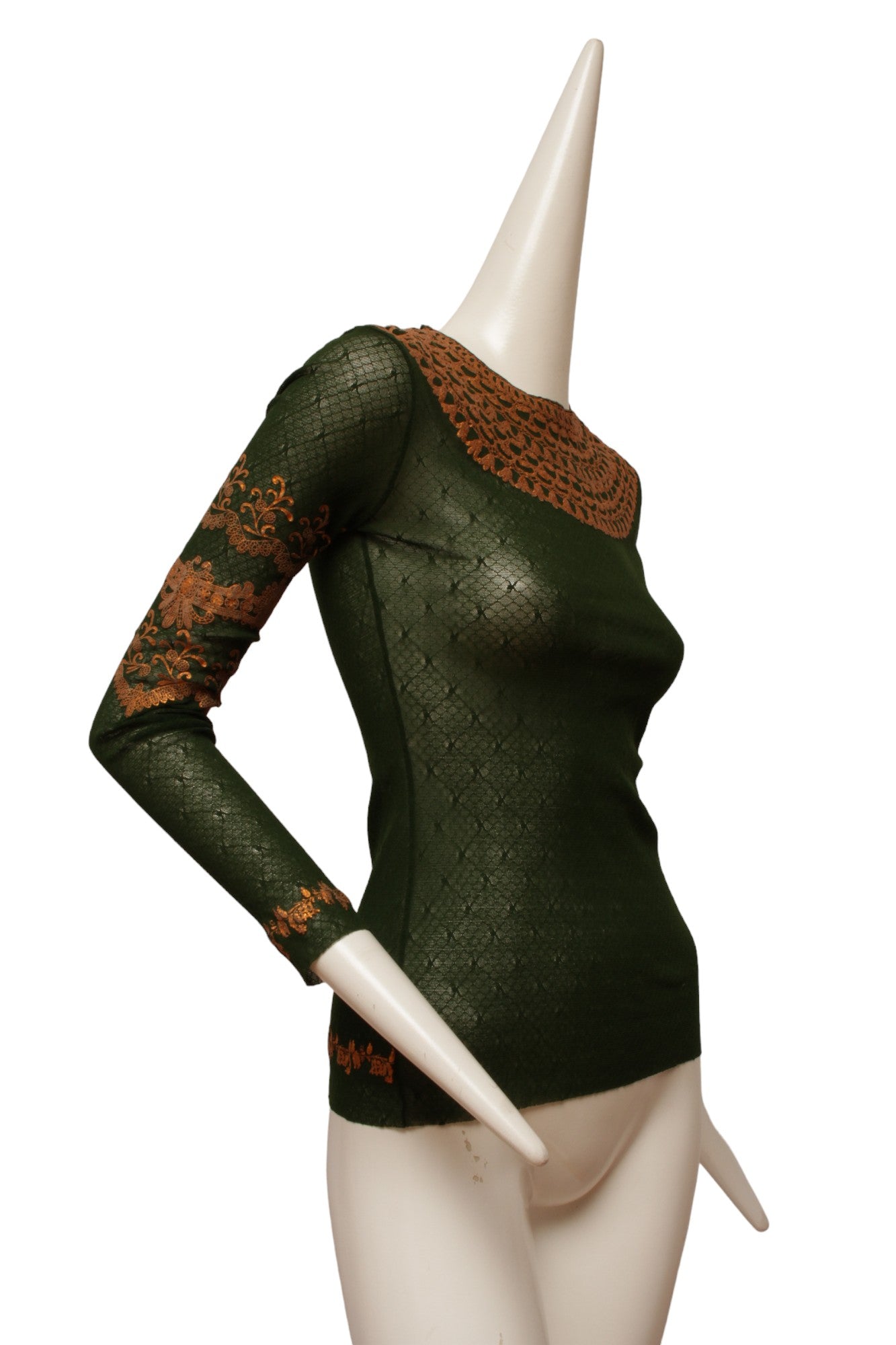 Jean Paul Gaultier Maille Dark Green Long Sleeve Mesh with Gold Metallic Detail