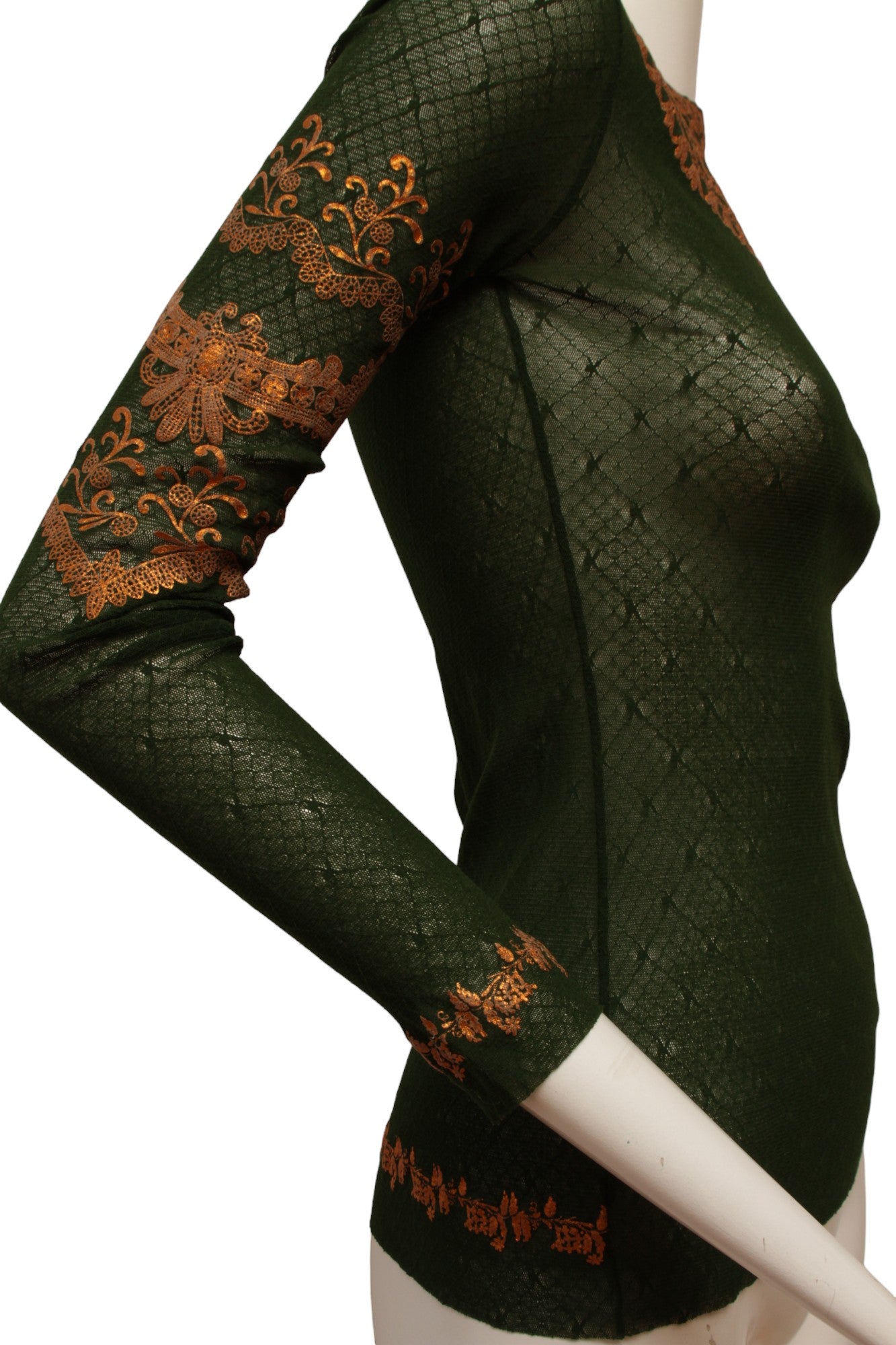 Jean Paul Gaultier Maille Dark Green Long Sleeve Mesh with Gold Metallic Detail