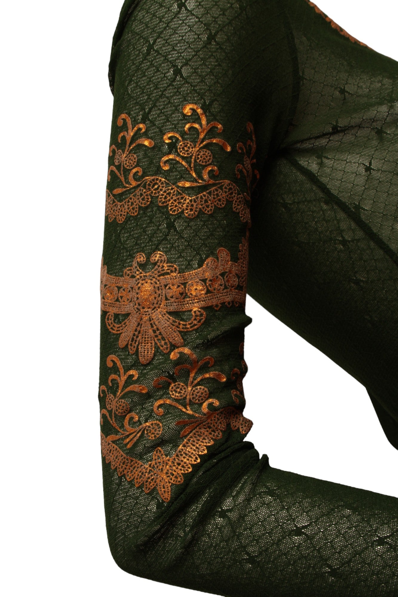 Jean Paul Gaultier Maille Dark Green Long Sleeve Mesh with Gold Metallic Detail