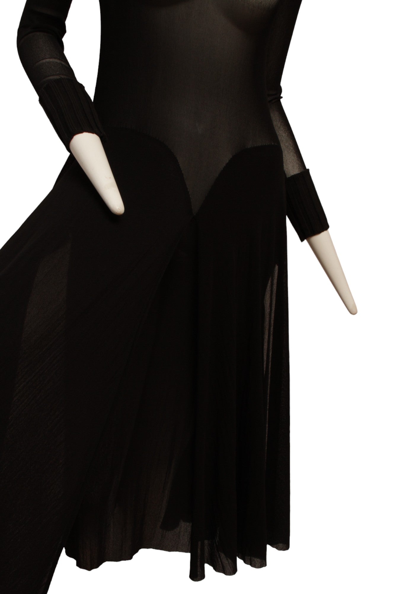Jean Paul Gaultier Maille Black Mesh Dress with Handkerchief Point Skirt with Knit Ribbed collar and Sleeve Cuffs