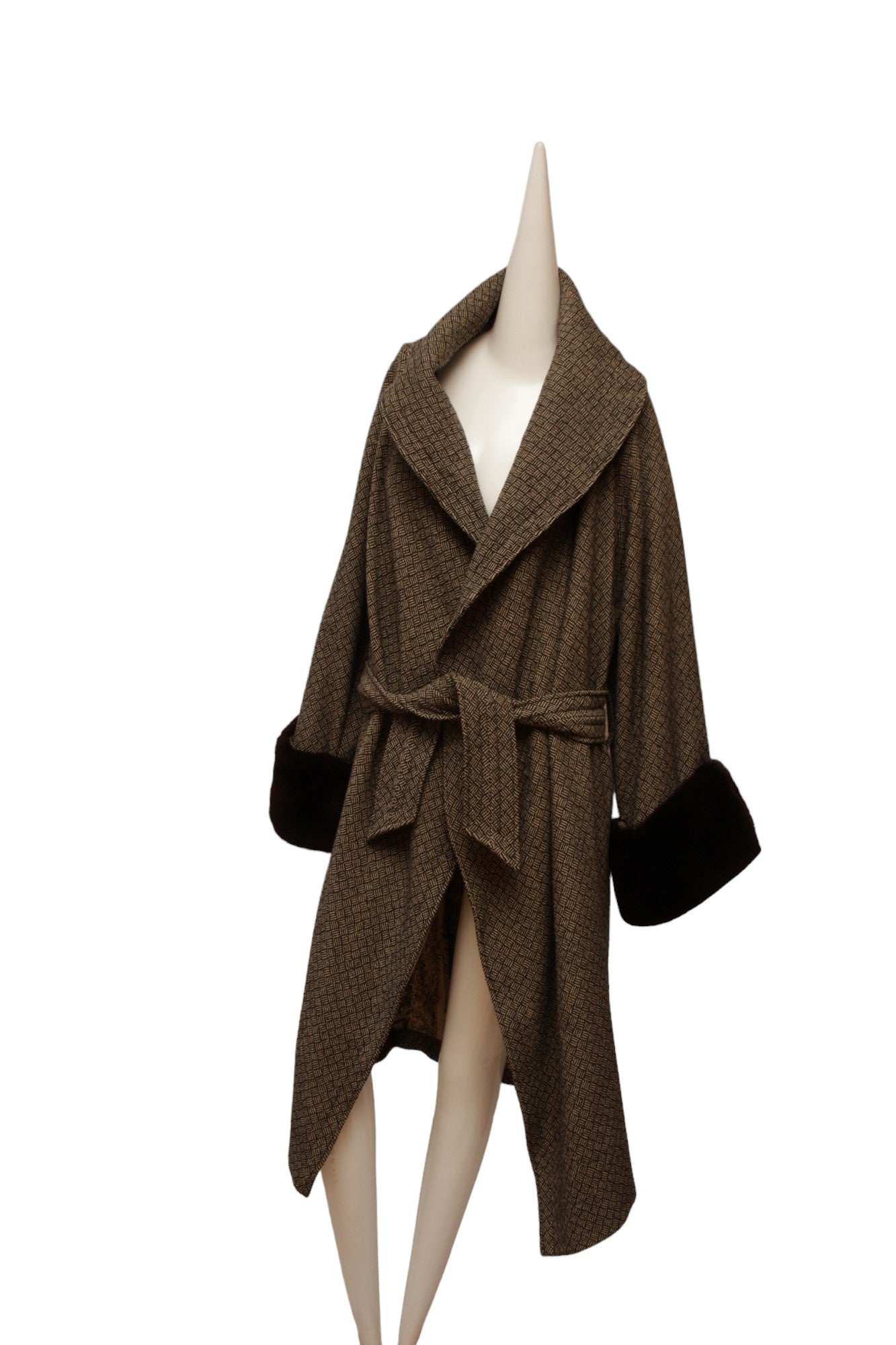 JEAN PAUL GAULTIER, long cross hatch black and white print, faux fur cuffs and removable faux collar with Silk Parisian lining.