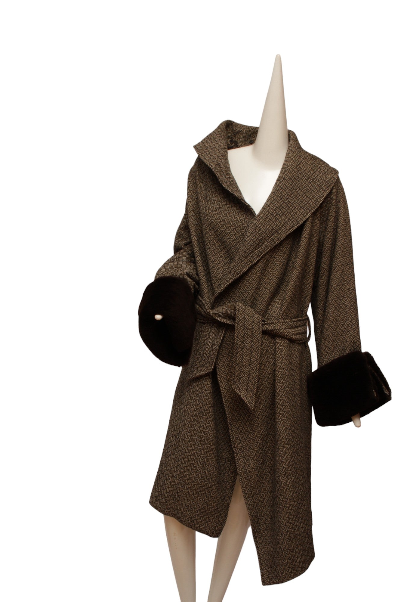 JEAN PAUL GAULTIER, long cross hatch black and white print, faux fur cuffs and removable faux collar with Silk Parisian lining.