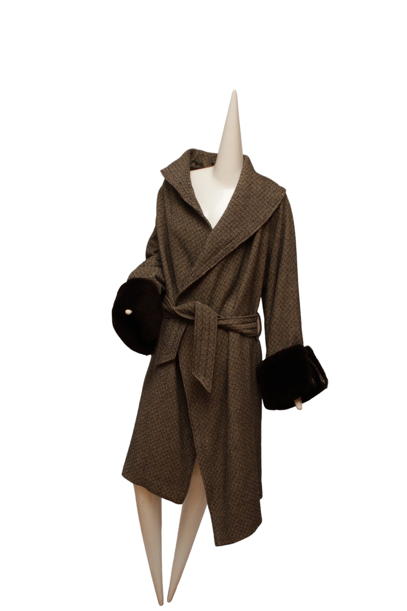 JEAN PAUL GAULTIER, long cross hatch black and white print, faux fur cuffs and removable faux collar with Silk Parisian lining.