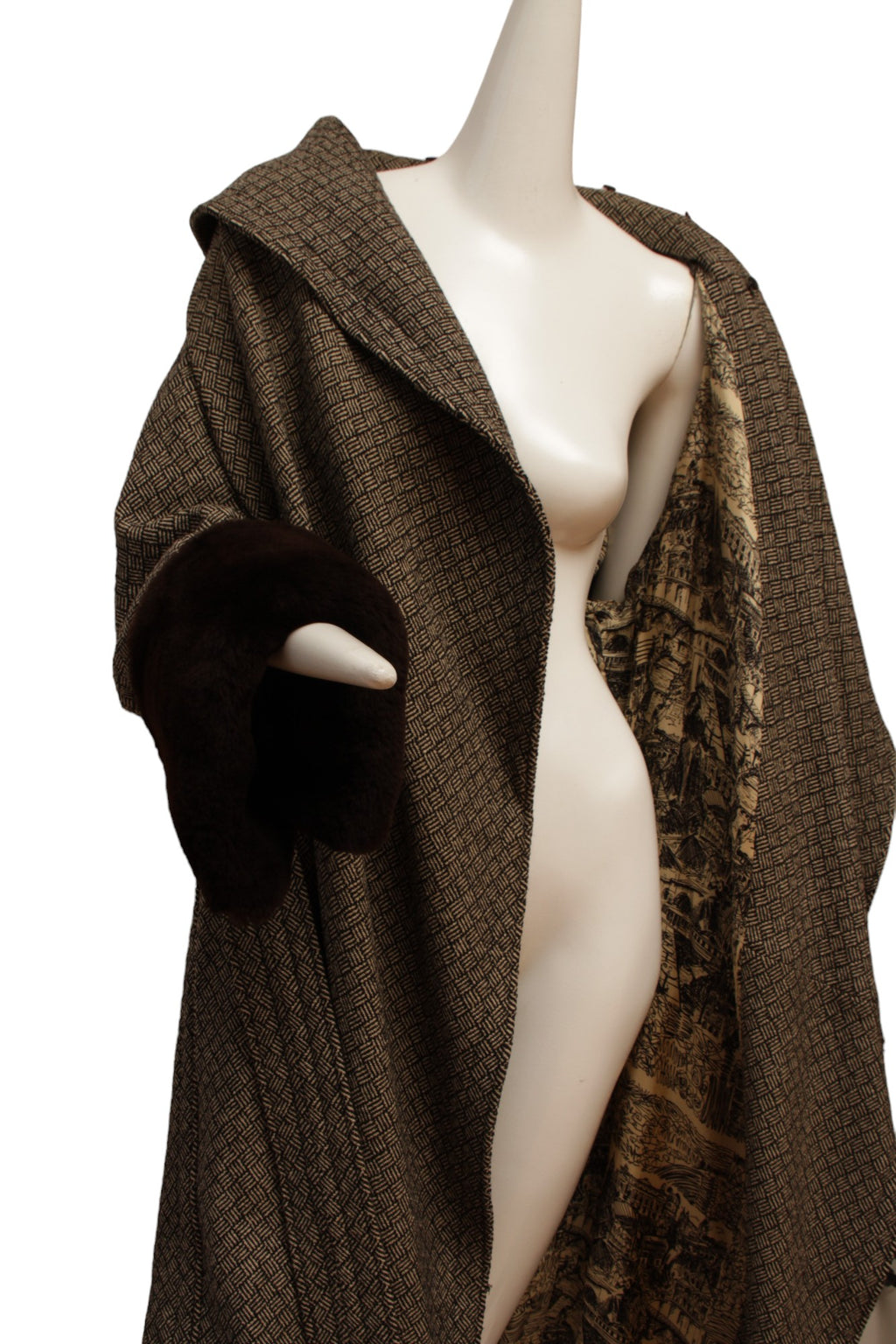 JEAN PAUL GAULTIER, long cross hatch black and white print, faux fur cuffs and removable faux collar with Silk Parisian lining.