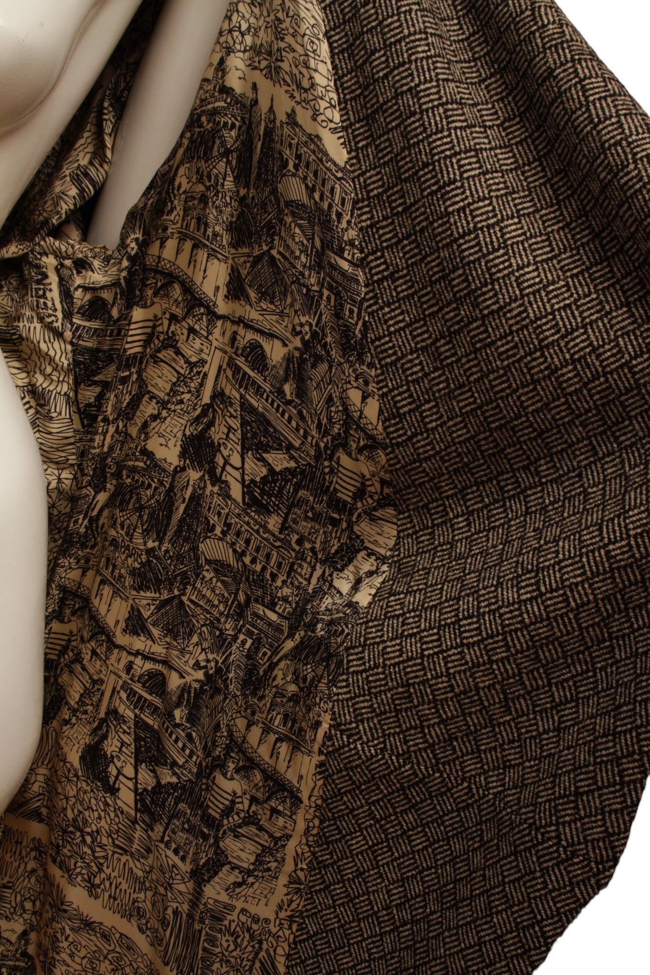 JEAN PAUL GAULTIER, long cross hatch black and white print, faux fur cuffs and removable faux collar with Silk Parisian lining.