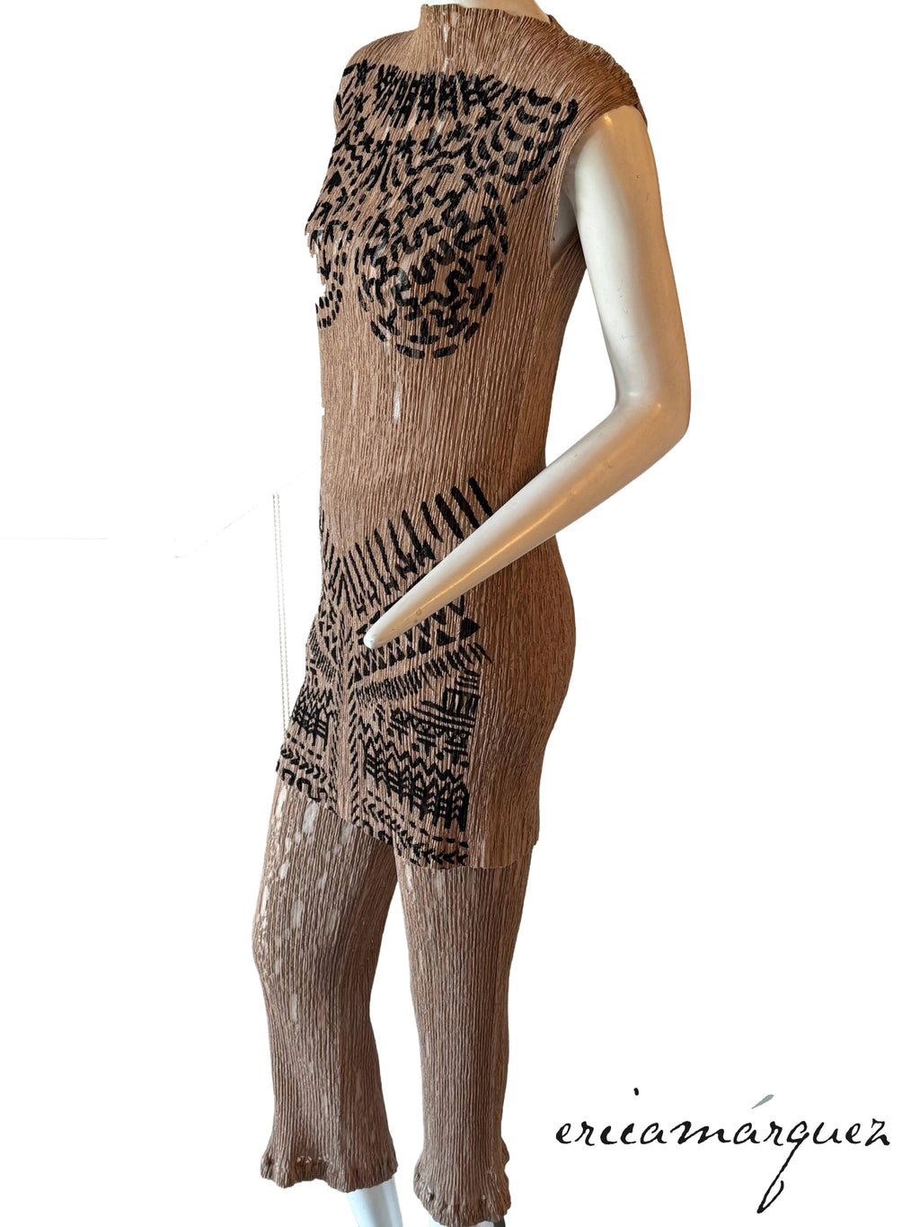 ISSEY MIYAKE, Sleeveless Stretch Lace Ensemble with Ancient Character Print SS98