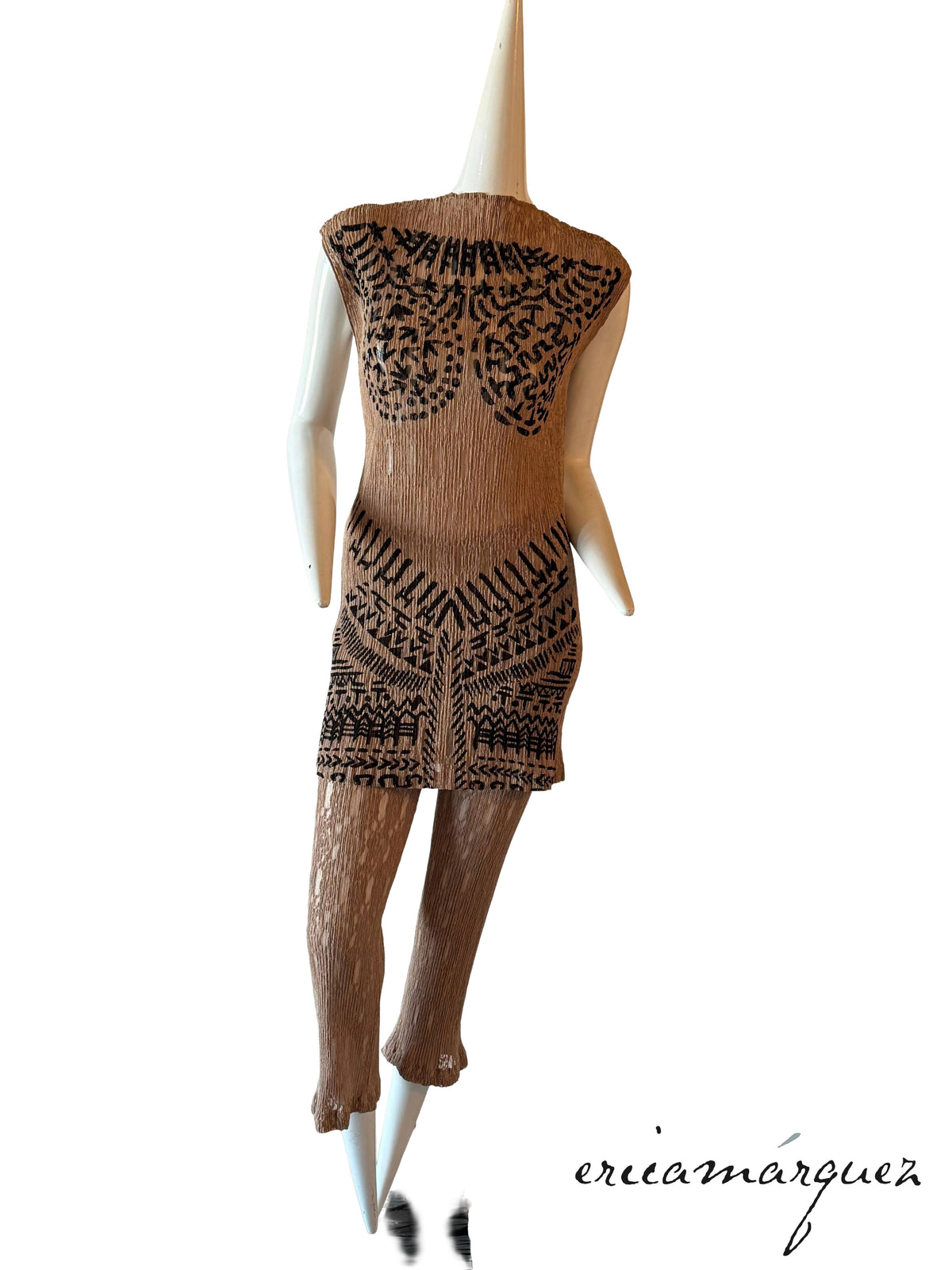 ISSEY MIYAKE, Sleeveless Stretch Lace Ensemble with Ancient Character Print SS98