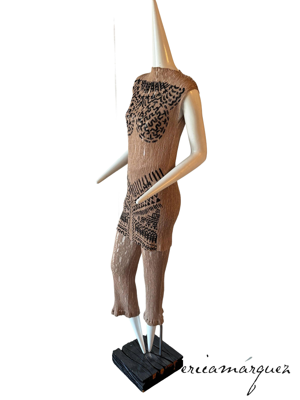 ISSEY MIYAKE, Sleeveless Stretch Lace Ensemble with Ancient Character Print SS98