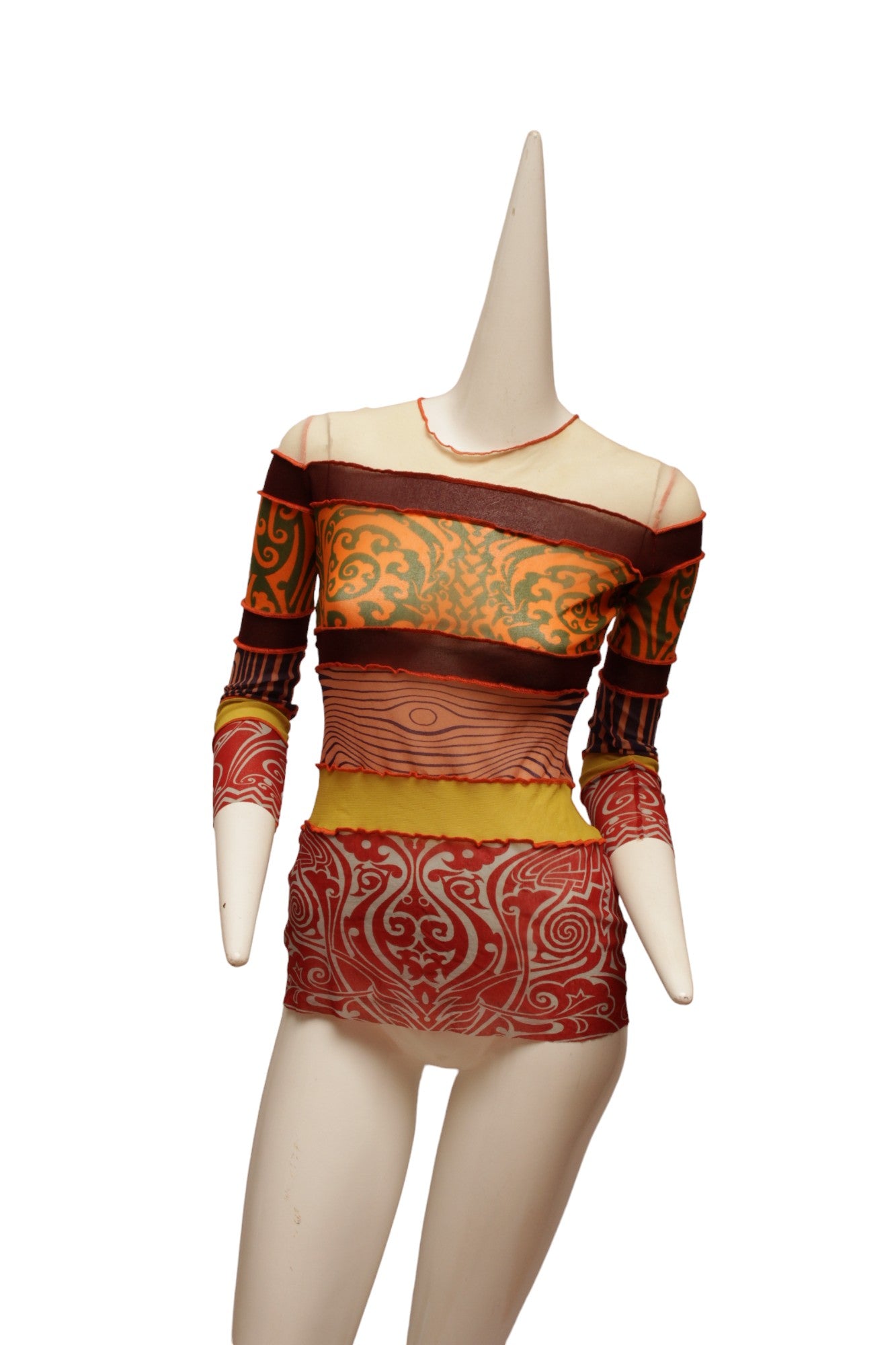JEAN PAUL GAULTIER, Maille, MESH Aboriginal print long sleeve top with multi-color prints