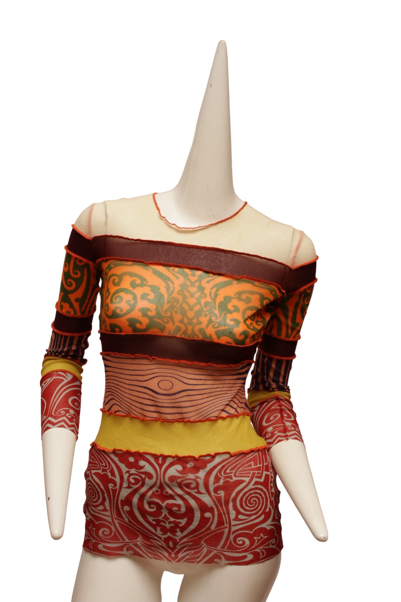 JEAN PAUL GAULTIER, Maille, MESH Aboriginal print long sleeve top with multi-color prints