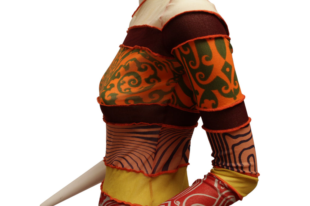 JEAN PAUL GAULTIER, Maille, MESH Aboriginal print long sleeve top with multi-color prints