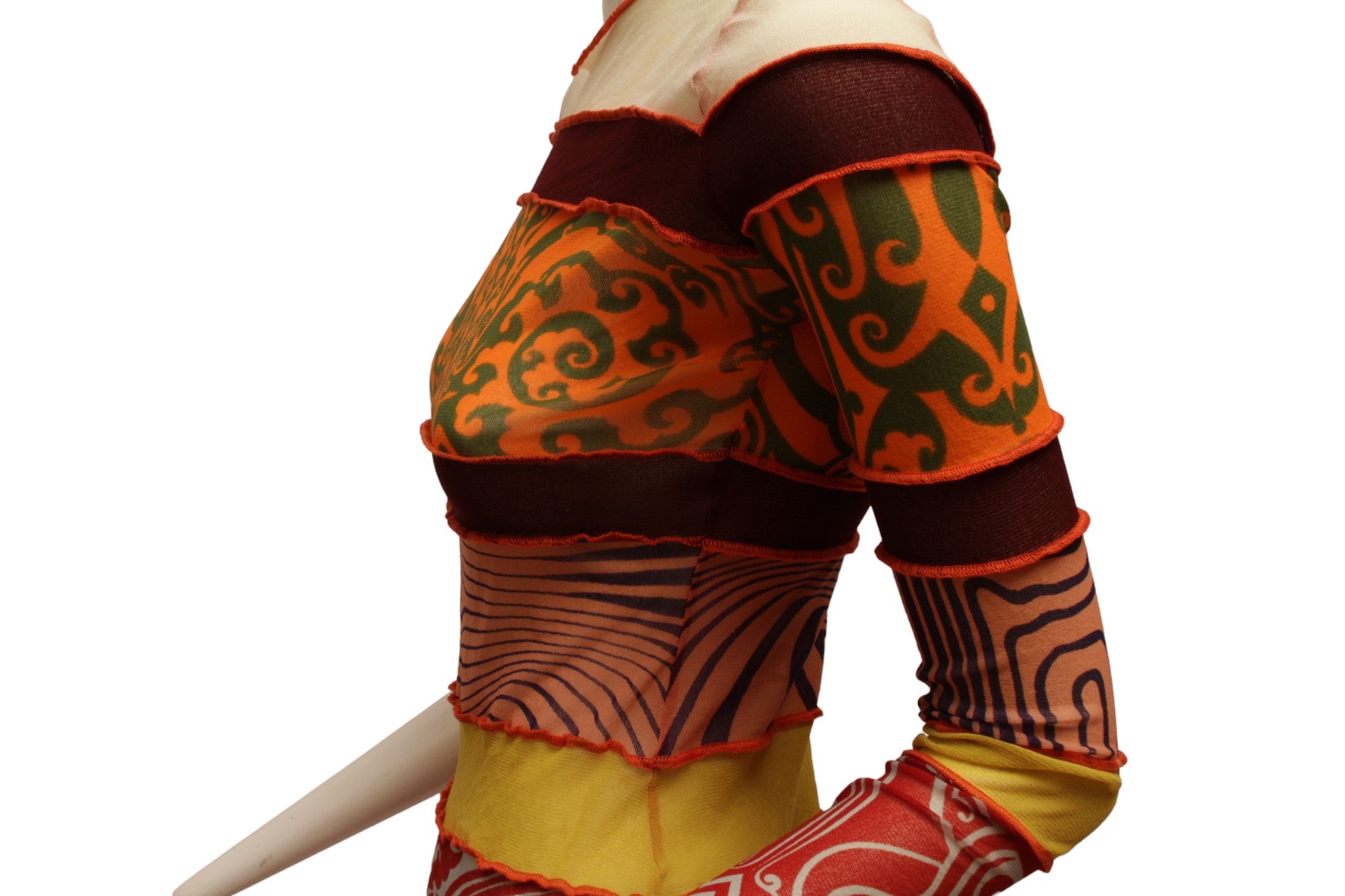 JEAN PAUL GAULTIER, Maille, MESH Aboriginal print long sleeve top with multi-color prints