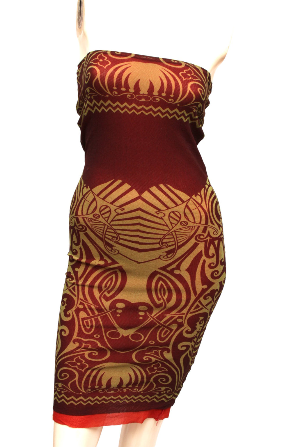 JEAN PAUL GAULTIER, Maille, MESH, 1996 S/S Tribal Maori Tattoo long sleeve brown and green top with coordinating long reversible skirt with green and brown print and orange on reverse