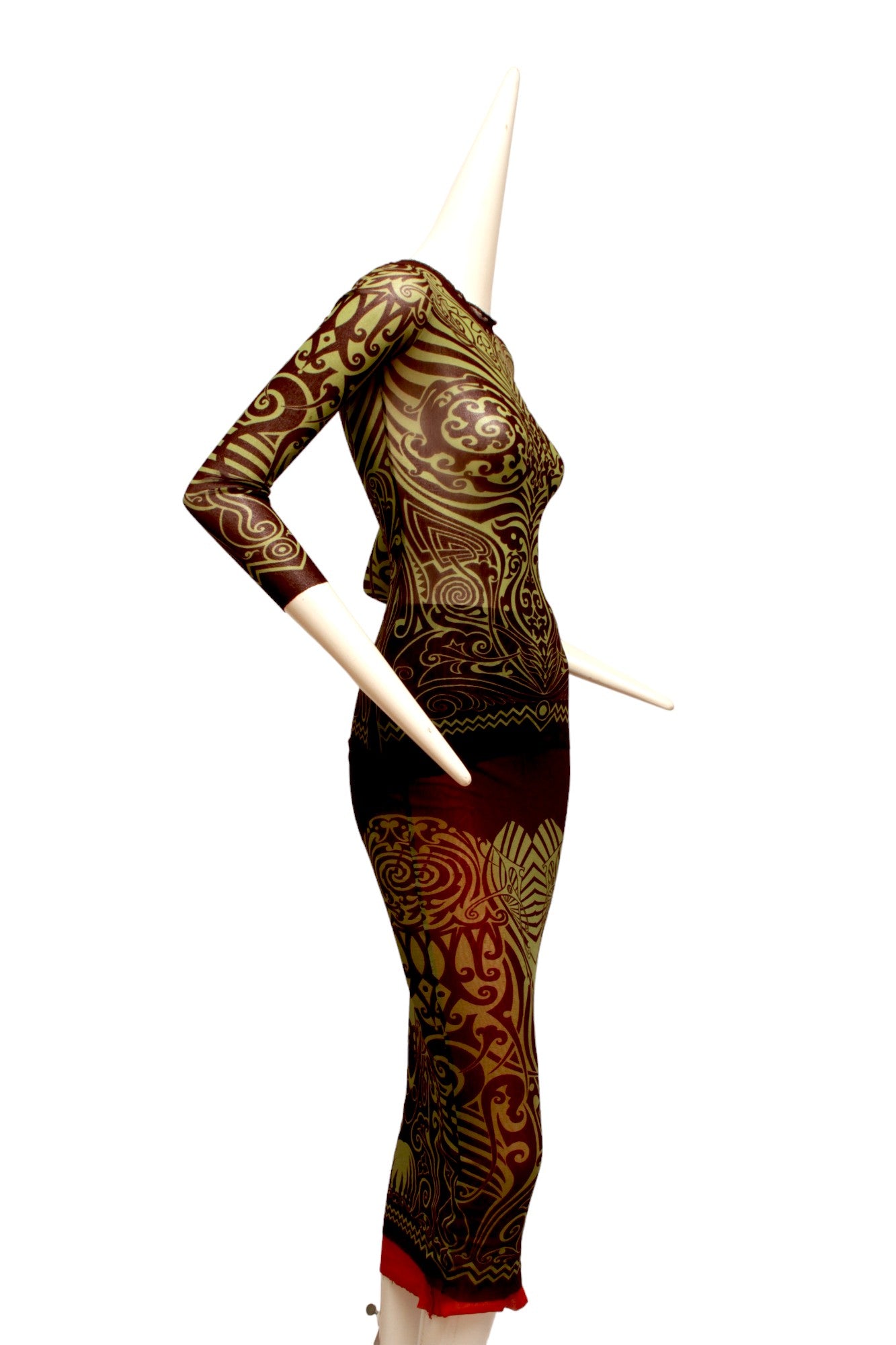 JEAN PAUL GAULTIER, Maille, MESH, 1996 S/S Tribal Maori Tattoo long sleeve brown and green top with coordinating long reversible skirt with green and brown print and orange on reverse
