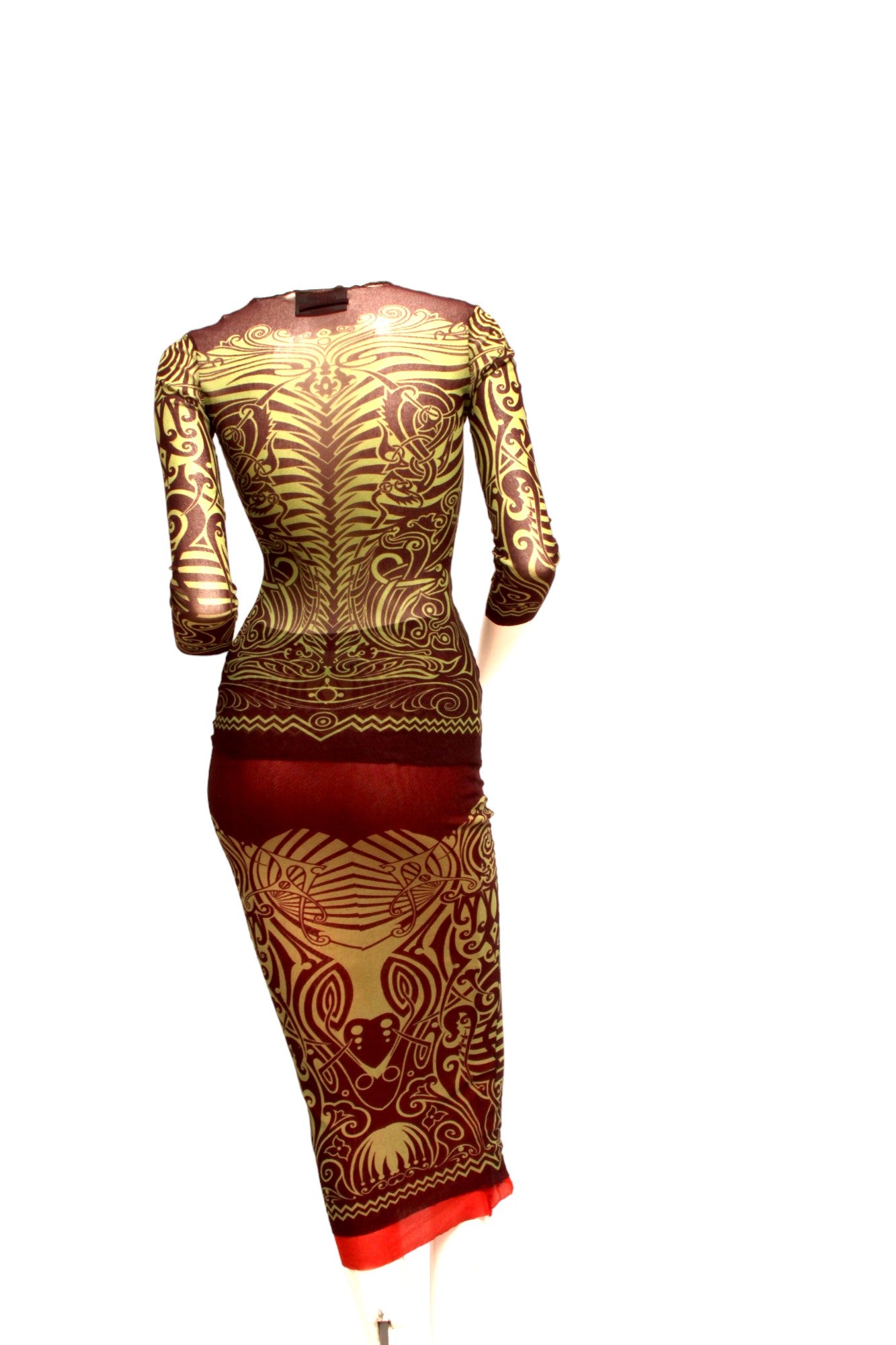 JEAN PAUL GAULTIER, Maille, MESH, 1996 S/S Tribal Maori Tattoo long sleeve brown and green top with coordinating long reversible skirt with green and brown print and orange on reverse