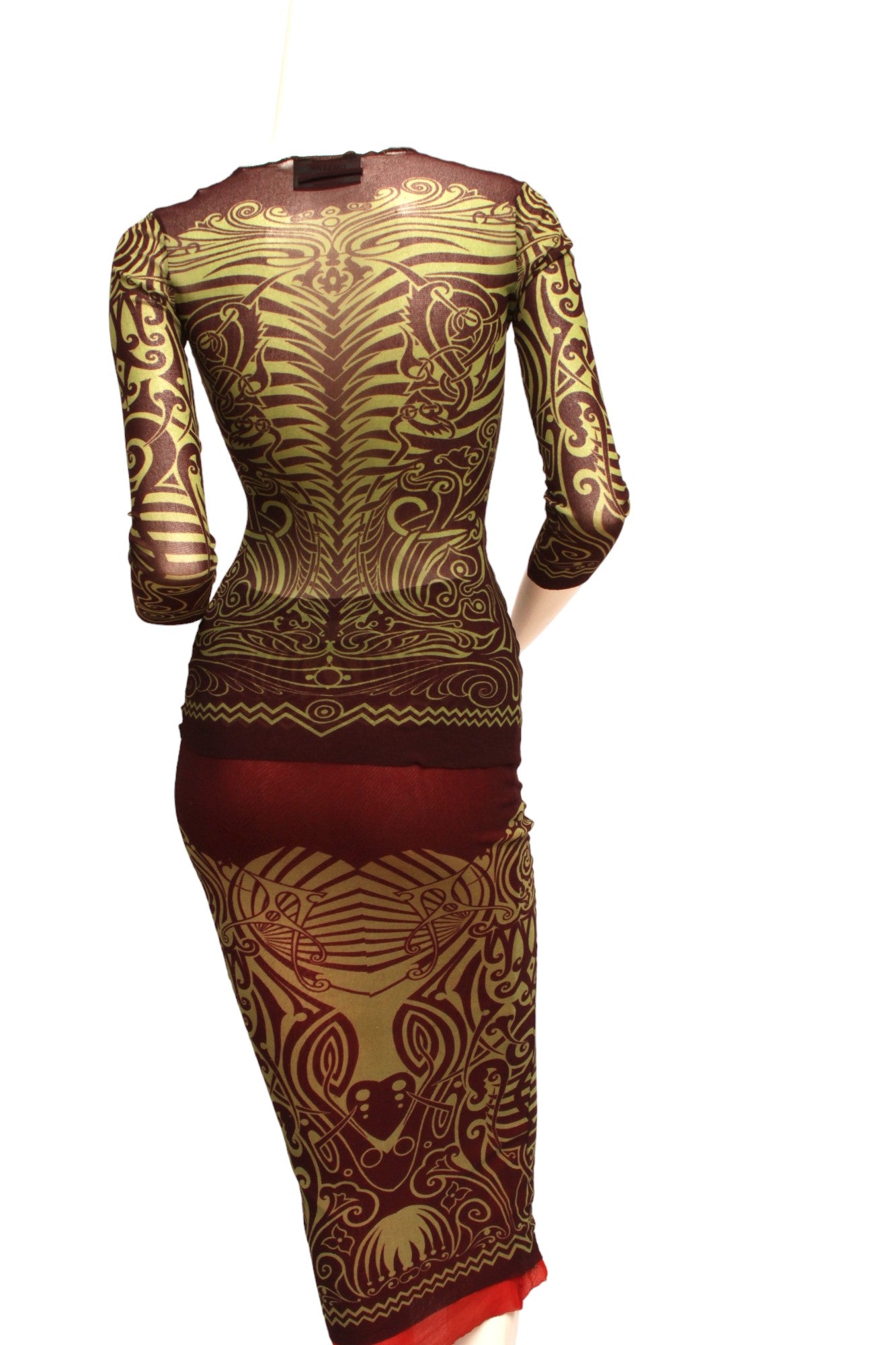 JEAN PAUL GAULTIER, Maille, MESH, 1996 S/S Tribal Maori Tattoo long sleeve brown and green top with coordinating long reversible skirt with green and brown print and orange on reverse