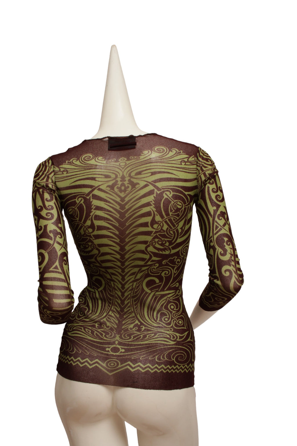 JEAN PAUL GAULTIER, Maille, MESH, 1996 S/S Tribal Maori Tattoo long sleeve brown and green top with coordinating long reversible skirt with green and brown print and orange on reverse