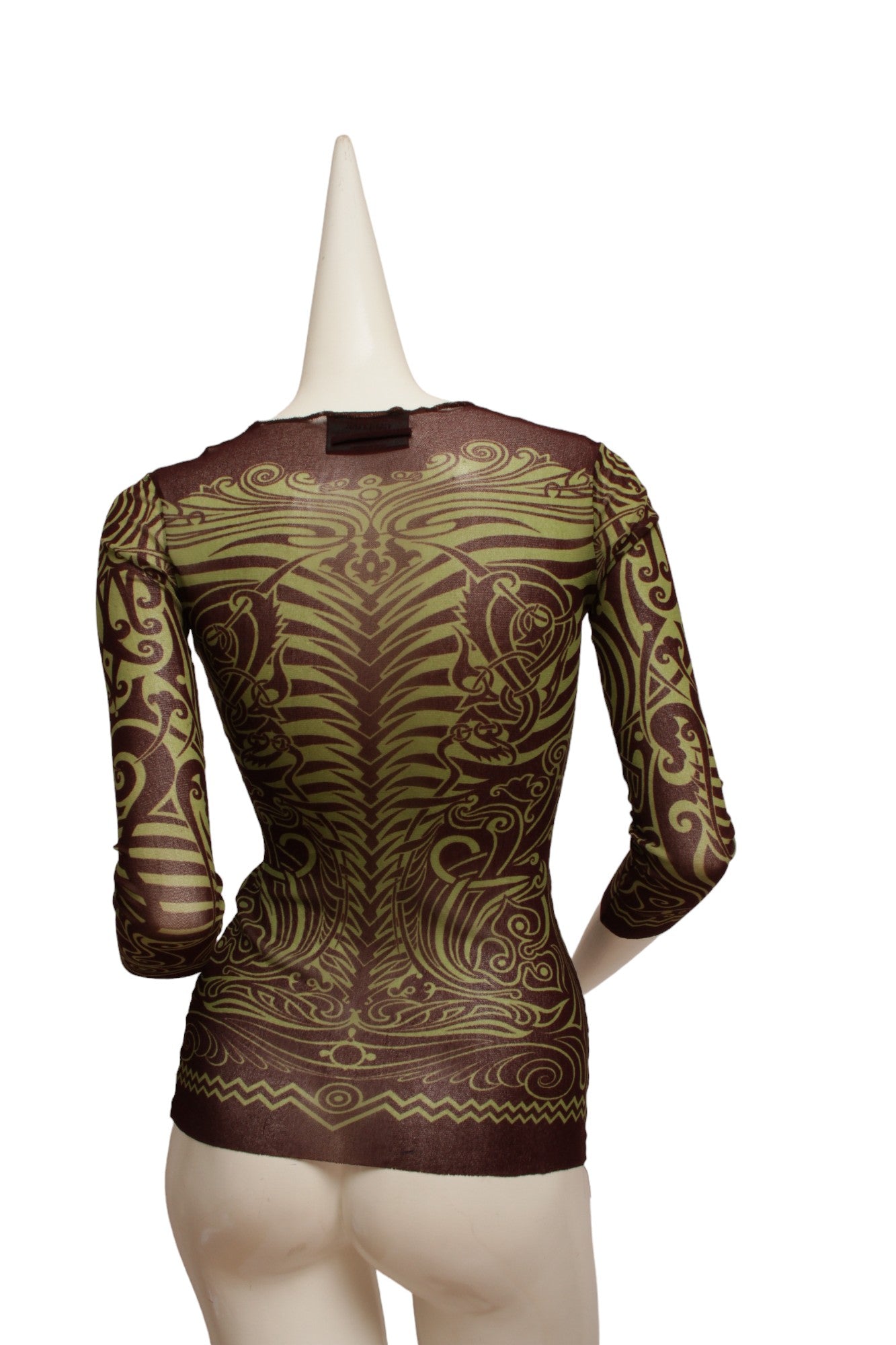 JEAN PAUL GAULTIER, Maille, MESH, 1996 S/S Tribal Maori Tattoo long sleeve brown and green top with coordinating long reversible skirt with green and brown print and orange on reverse