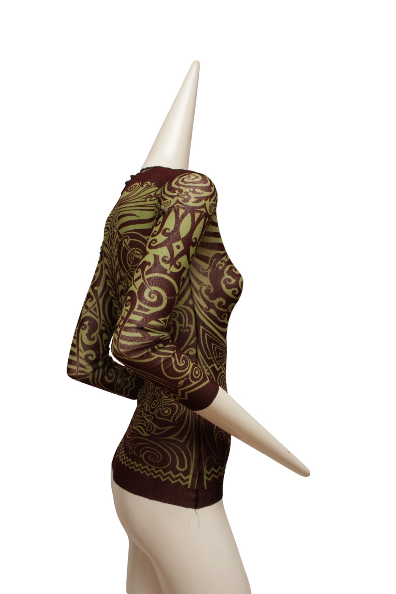 JEAN PAUL GAULTIER, Maille, MESH, 1996 S/S Tribal Maori Tattoo long sleeve brown and green top with coordinating long reversible skirt with green and brown print and orange on reverse