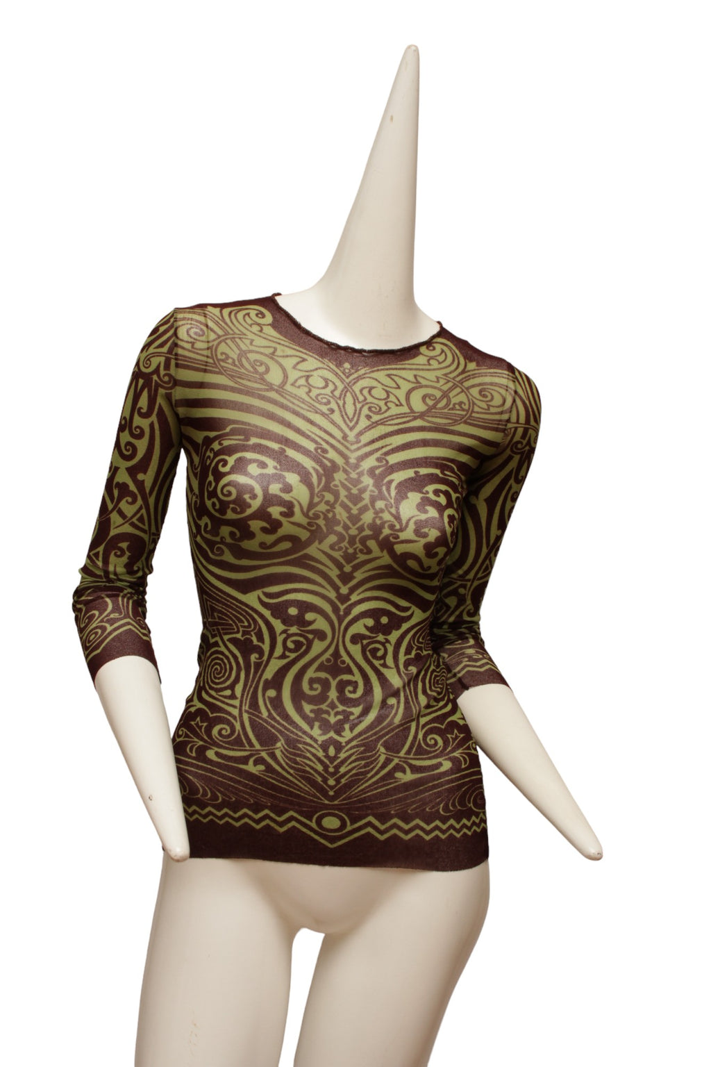 JEAN PAUL GAULTIER, Maille, MESH, 1996 S/S Tribal Maori Tattoo long sleeve brown and green top with coordinating long reversible skirt with green and brown print and orange on reverse