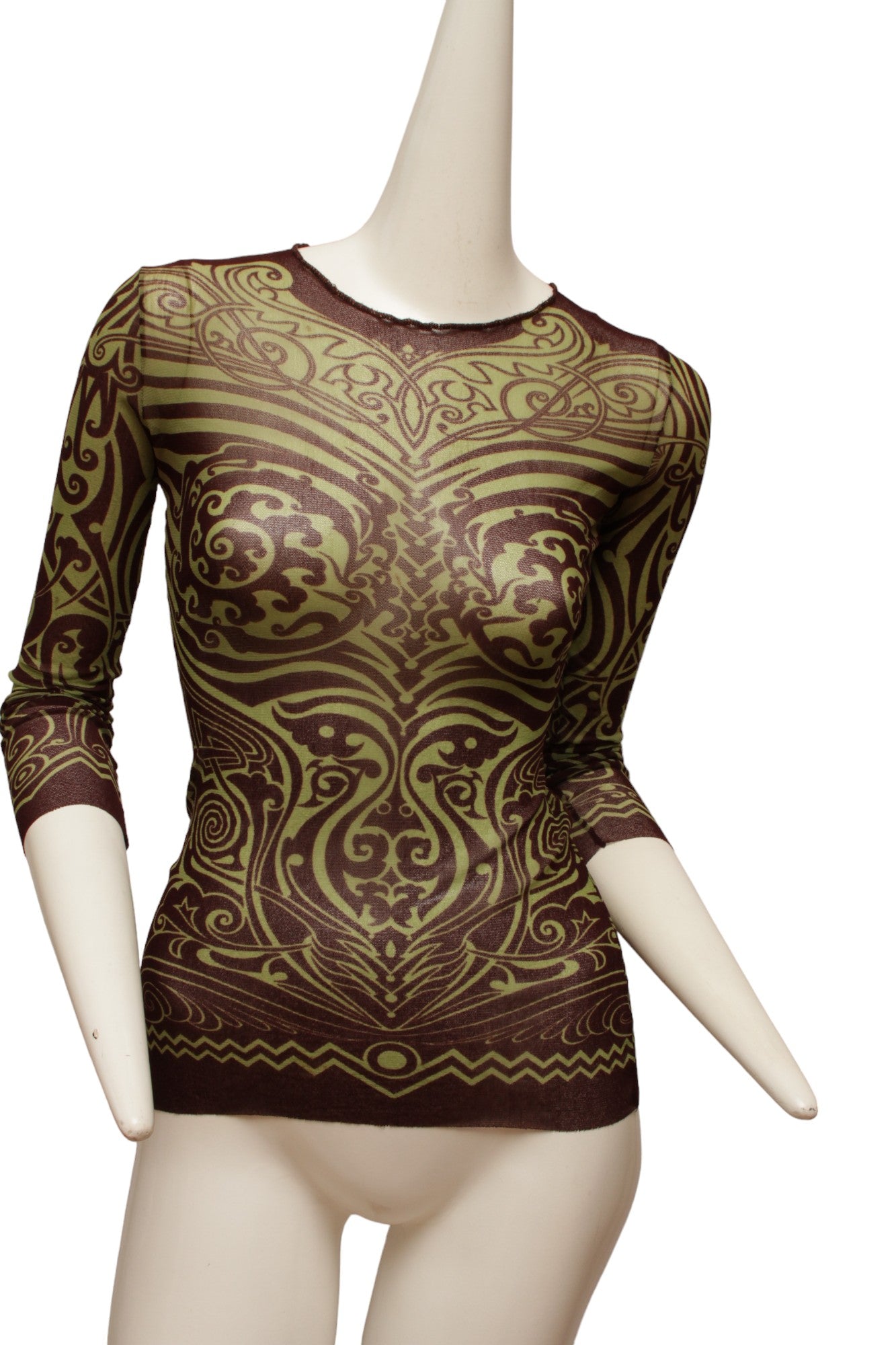JEAN PAUL GAULTIER, Maille, MESH, 1996 S/S Tribal Maori Tattoo long sleeve brown and green top with coordinating long reversible skirt with green and brown print and orange on reverse