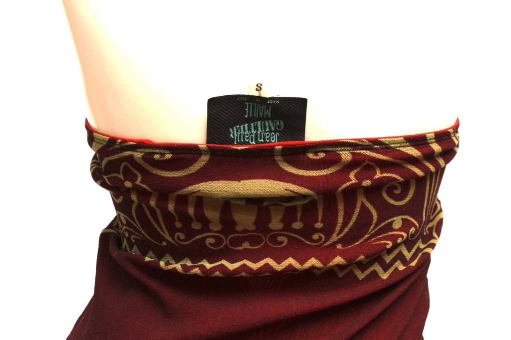 JEAN PAUL GAULTIER, Maille, MESH, 1996 S/S Tribal Maori Tattoo long sleeve brown and green top with coordinating long reversible skirt with green and brown print and orange on reverse