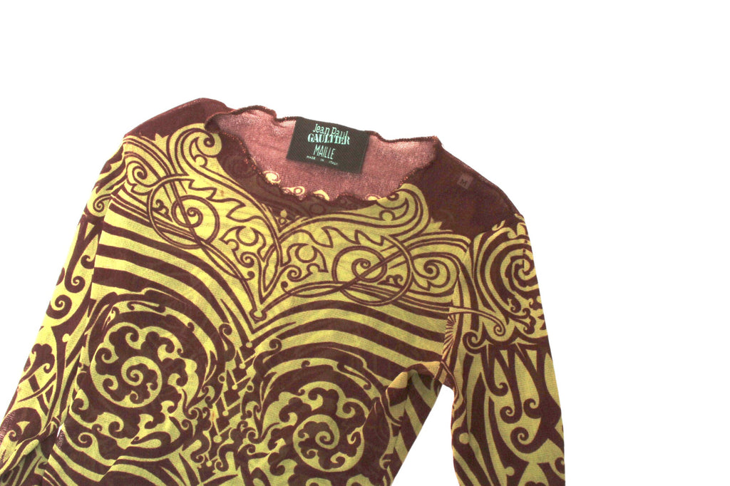 JEAN PAUL GAULTIER, Maille, MESH, 1996 S/S Tribal Maori Tattoo long sleeve brown and green top with coordinating long reversible skirt with green and brown print and orange on reverse