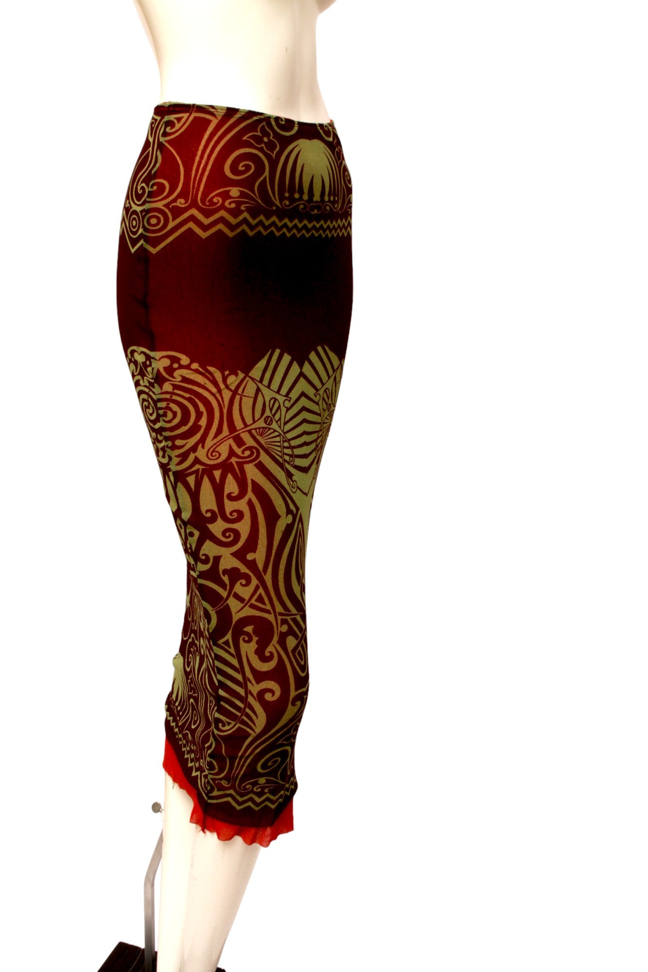 JEAN PAUL GAULTIER, Maille, MESH, 1996 S/S Tribal Maori Tattoo long sleeve brown and green top with coordinating long reversible skirt with green and brown print and orange on reverse