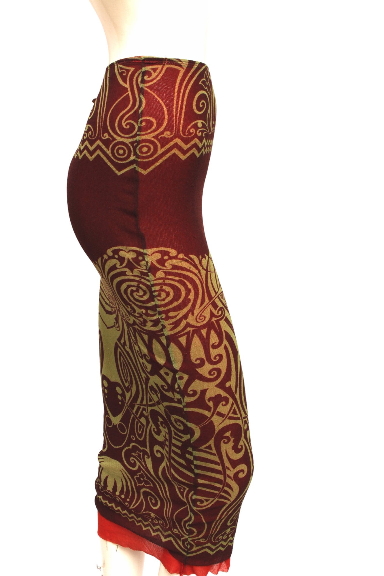 JEAN PAUL GAULTIER, Maille, MESH, 1996 S/S Tribal Maori Tattoo long sleeve brown and green top with coordinating long reversible skirt with green and brown print and orange on reverse
