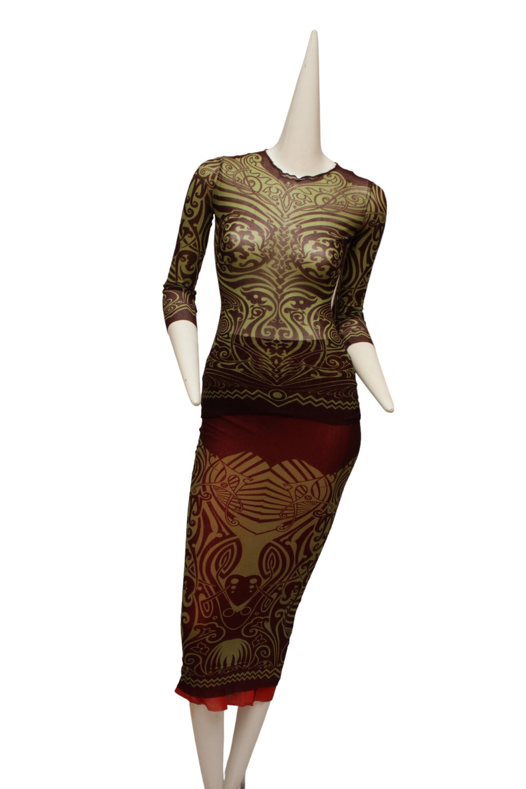 JEAN PAUL GAULTIER, Maille, MESH, 1996 S/S Tribal Maori Tattoo long sleeve brown and green top with coordinating long reversible skirt with green and brown print and orange on reverse