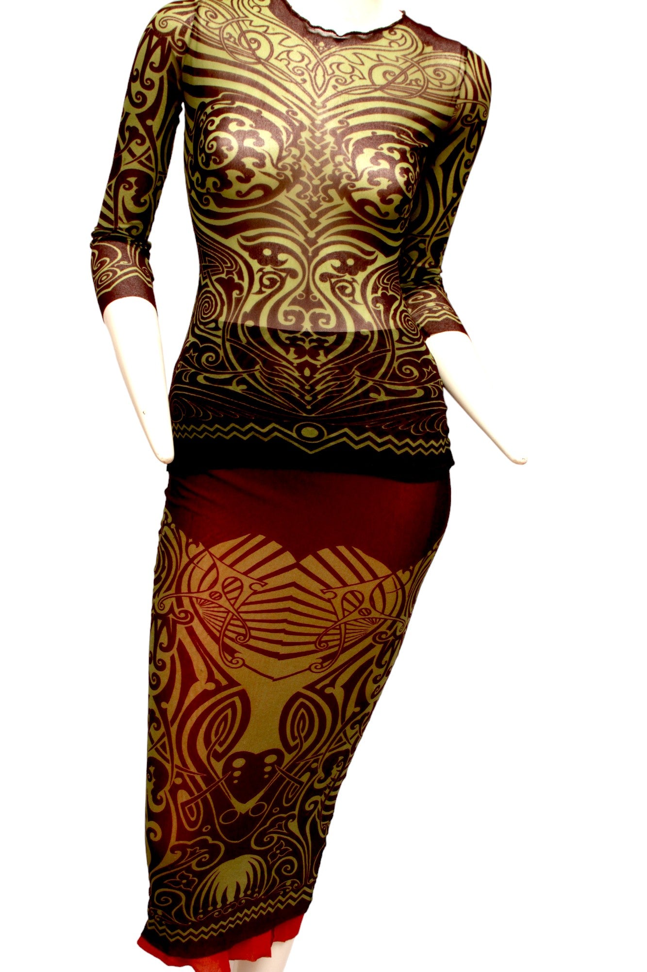 JEAN PAUL GAULTIER, Maille, MESH, 1996 S/S Tribal Maori Tattoo long sleeve brown and green top with coordinating long reversible skirt with green and brown print and orange on reverse