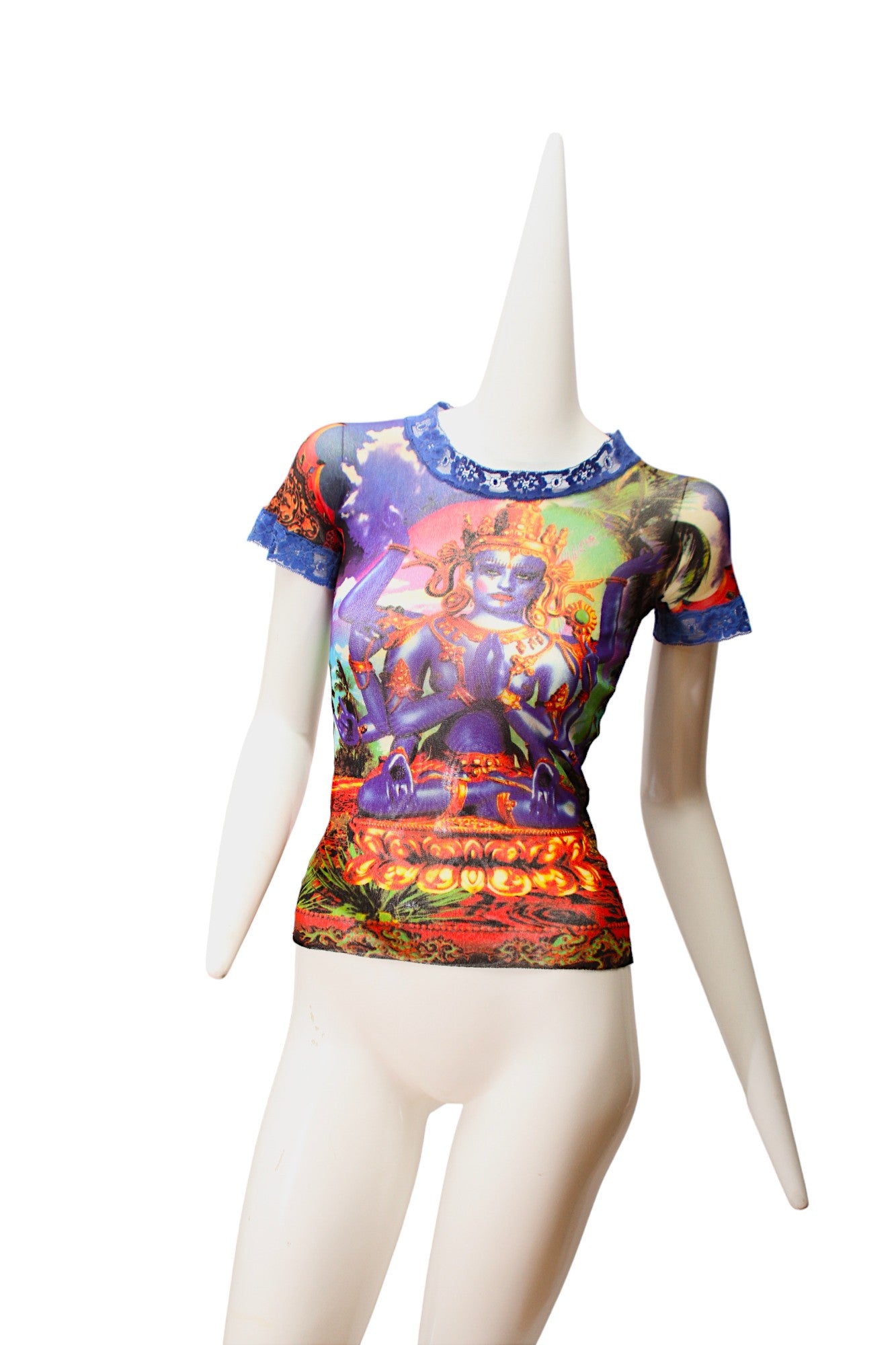 JEAN PAUL GAULTIER, Maille, MESH, Hindu G-d Shiva Butterfly Tattoo Short Sleeve Top