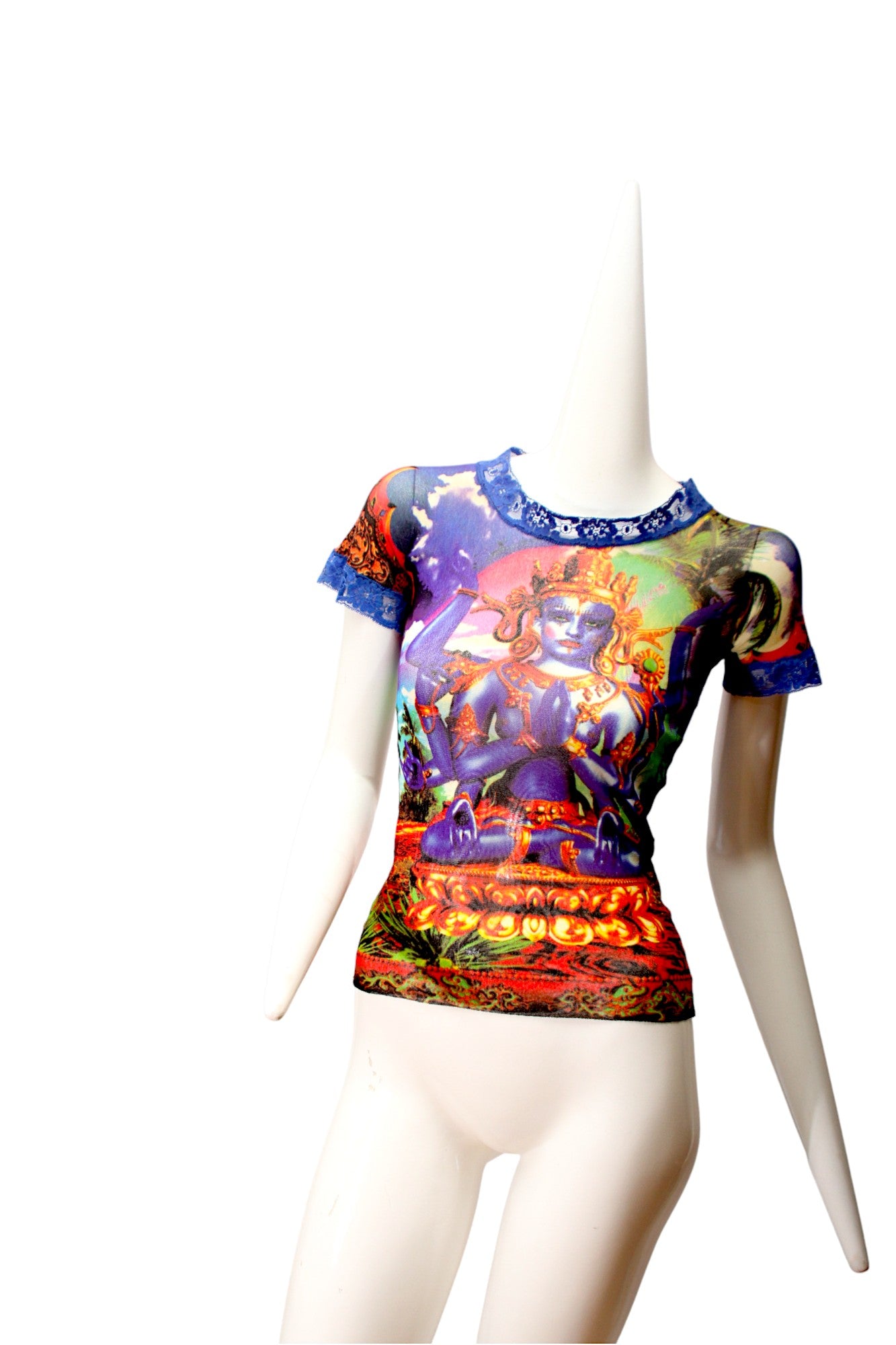 JEAN PAUL GAULTIER, Maille, MESH, Hindu G-d Shiva Butterfly Tattoo Short Sleeve Top