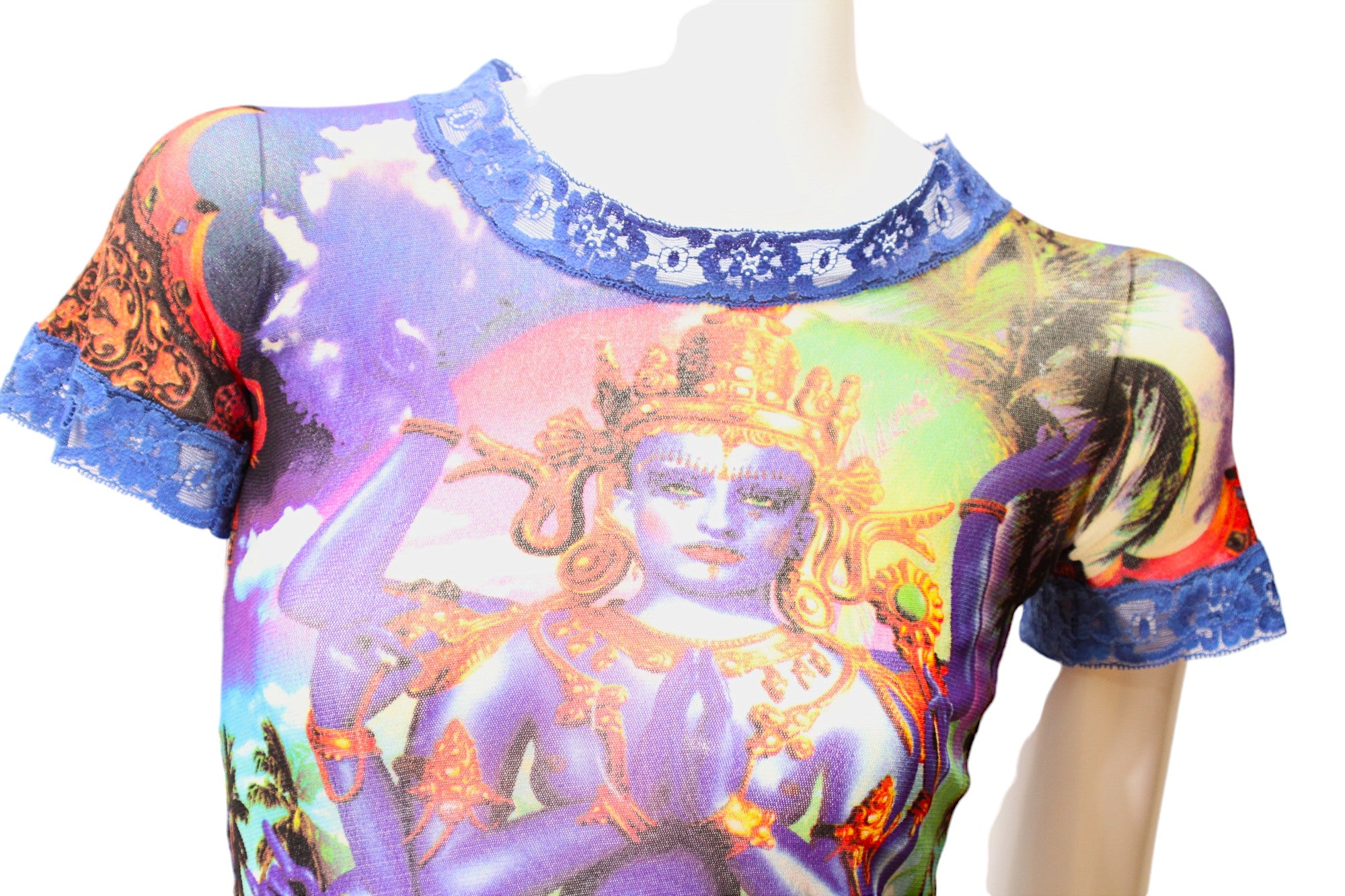 JEAN PAUL GAULTIER, Maille, MESH, Hindu G-d Shiva Butterfly Tattoo Short Sleeve Top