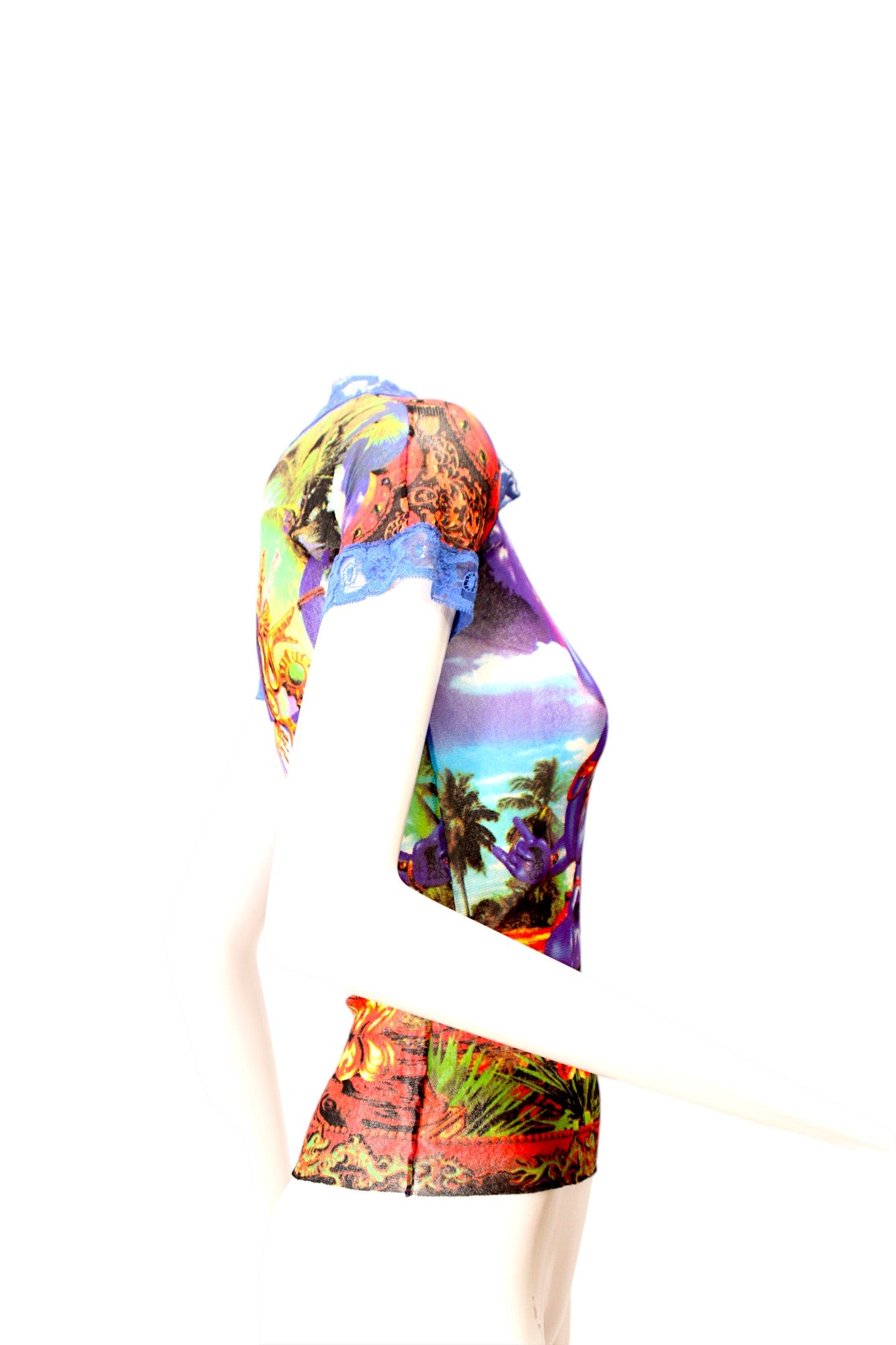 JEAN PAUL GAULTIER, Maille, MESH, Hindu G-d Shiva Butterfly Tattoo Short Sleeve Top