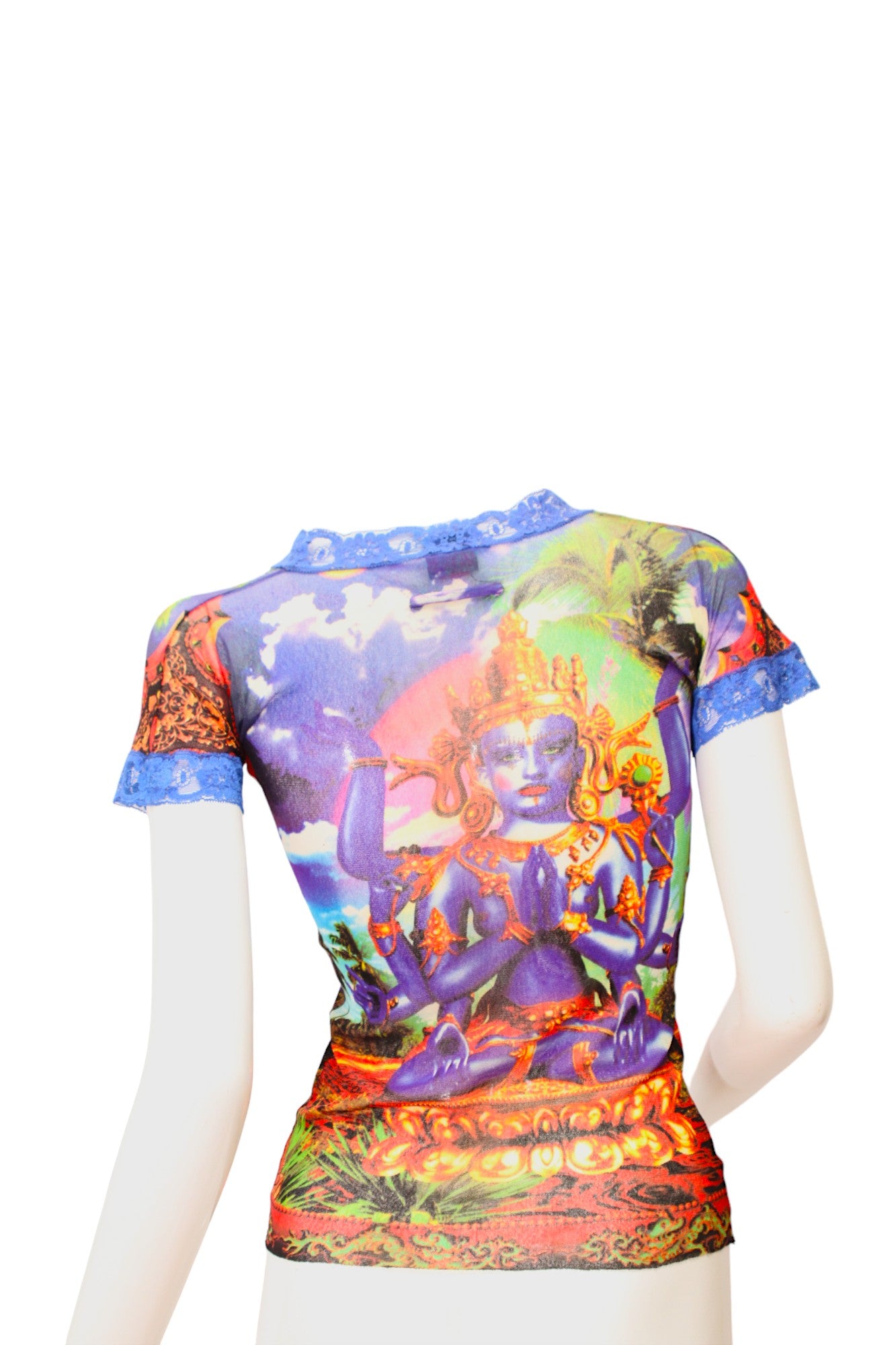 JEAN PAUL GAULTIER, Maille, MESH, Hindu G-d Shiva Butterfly Tattoo Short Sleeve Top