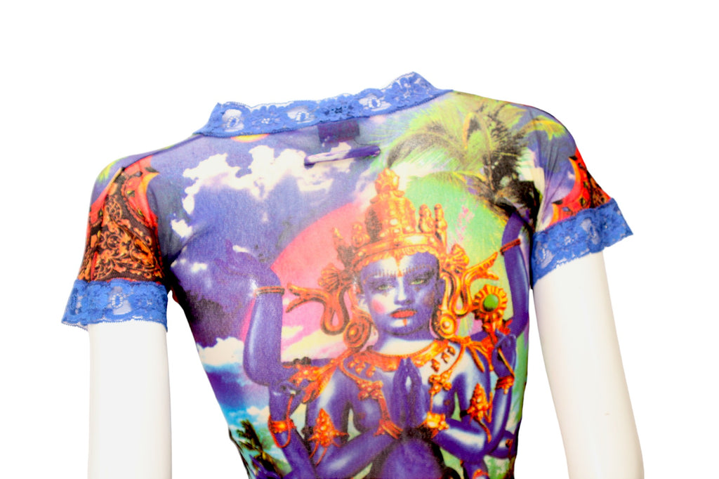 JEAN PAUL GAULTIER, Maille, MESH, Hindu G-d Shiva Butterfly Tattoo Short Sleeve Top
