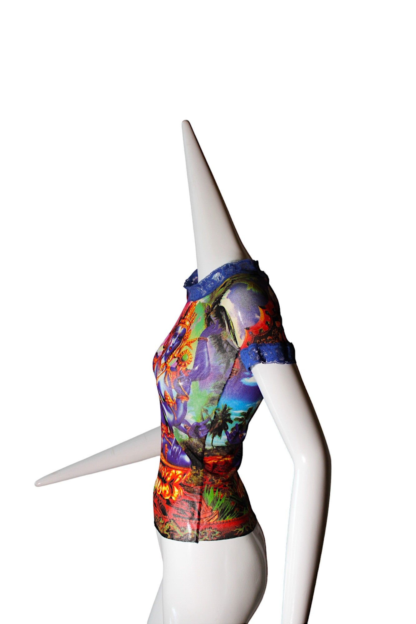 JEAN PAUL GAULTIER, Maille, MESH, Hindu G-d Shiva Butterfly Tattoo Short Sleeve Top