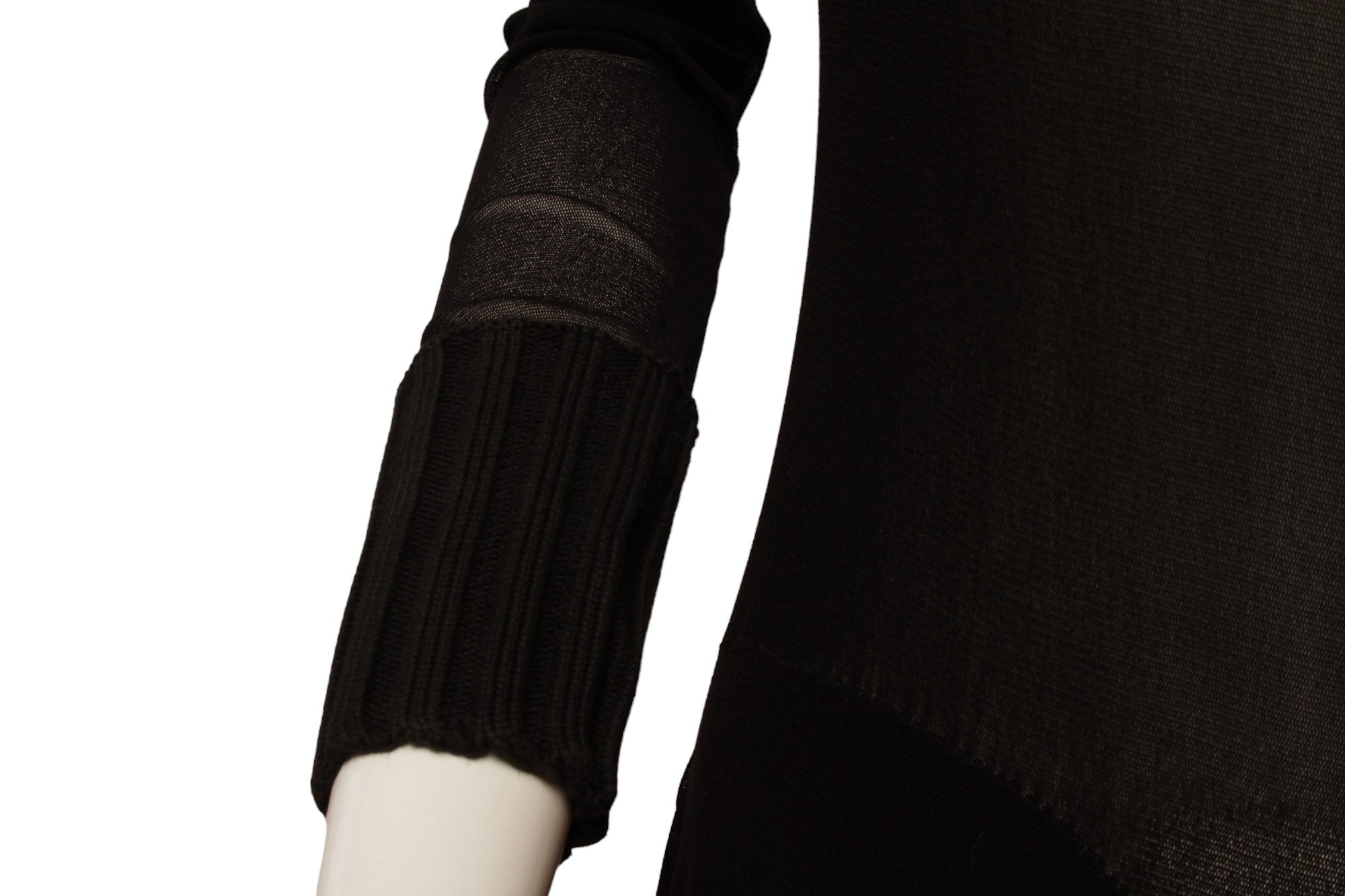 Jean Paul Gaultier Maille Black Mesh Dress with Handkerchief Point Skirt with Knit Ribbed collar and Sleeve Cuffs