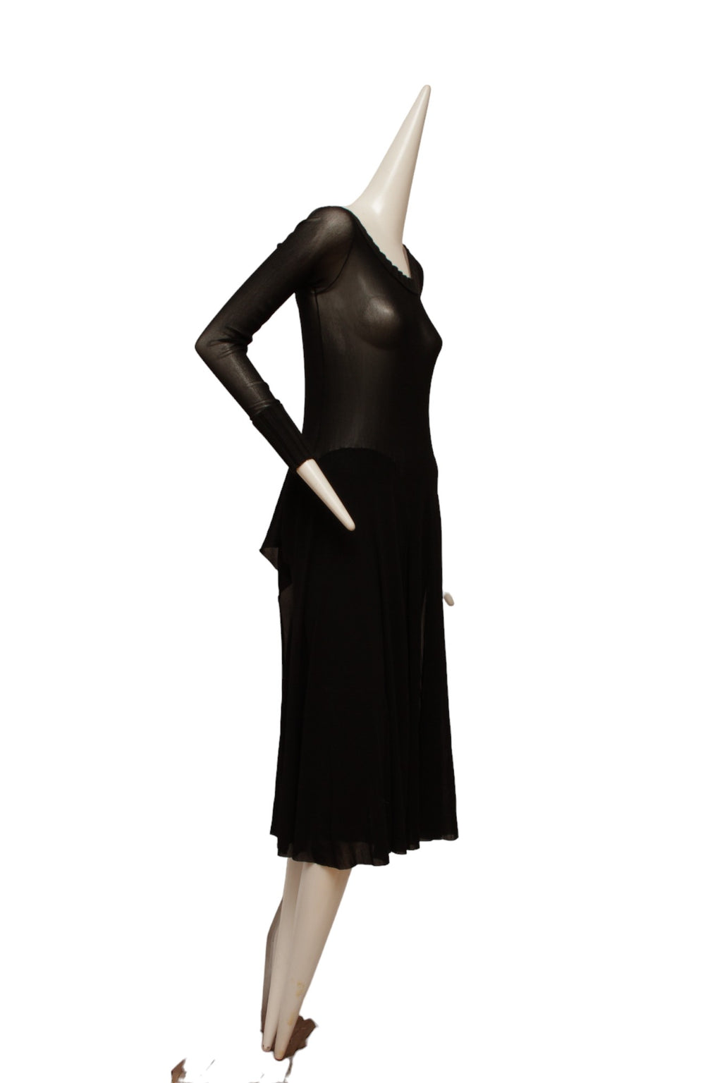 Jean Paul Gaultier Maille Black Mesh Dress with Handkerchief Point Skirt with Knit Ribbed collar and Sleeve Cuffs