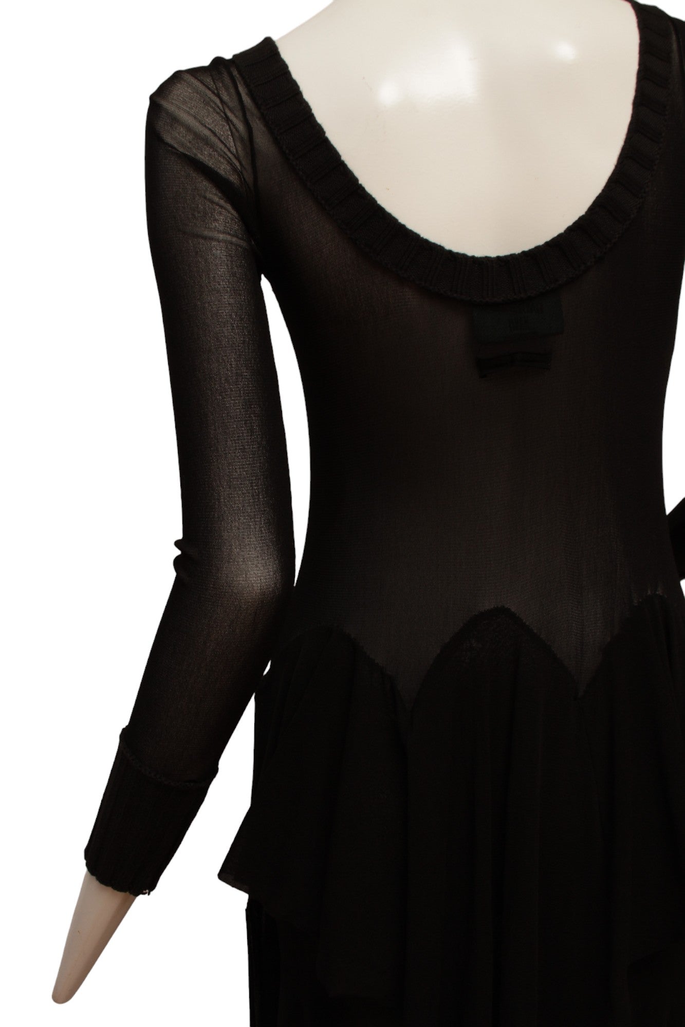Jean Paul Gaultier Maille Black Mesh Dress with Handkerchief Point Skirt with Knit Ribbed collar and Sleeve Cuffs