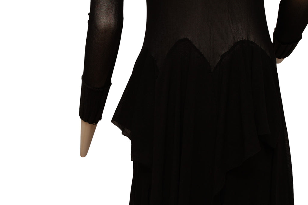 Jean Paul Gaultier Maille Black Mesh Dress with Handkerchief Point Skirt with Knit Ribbed collar and Sleeve Cuffs