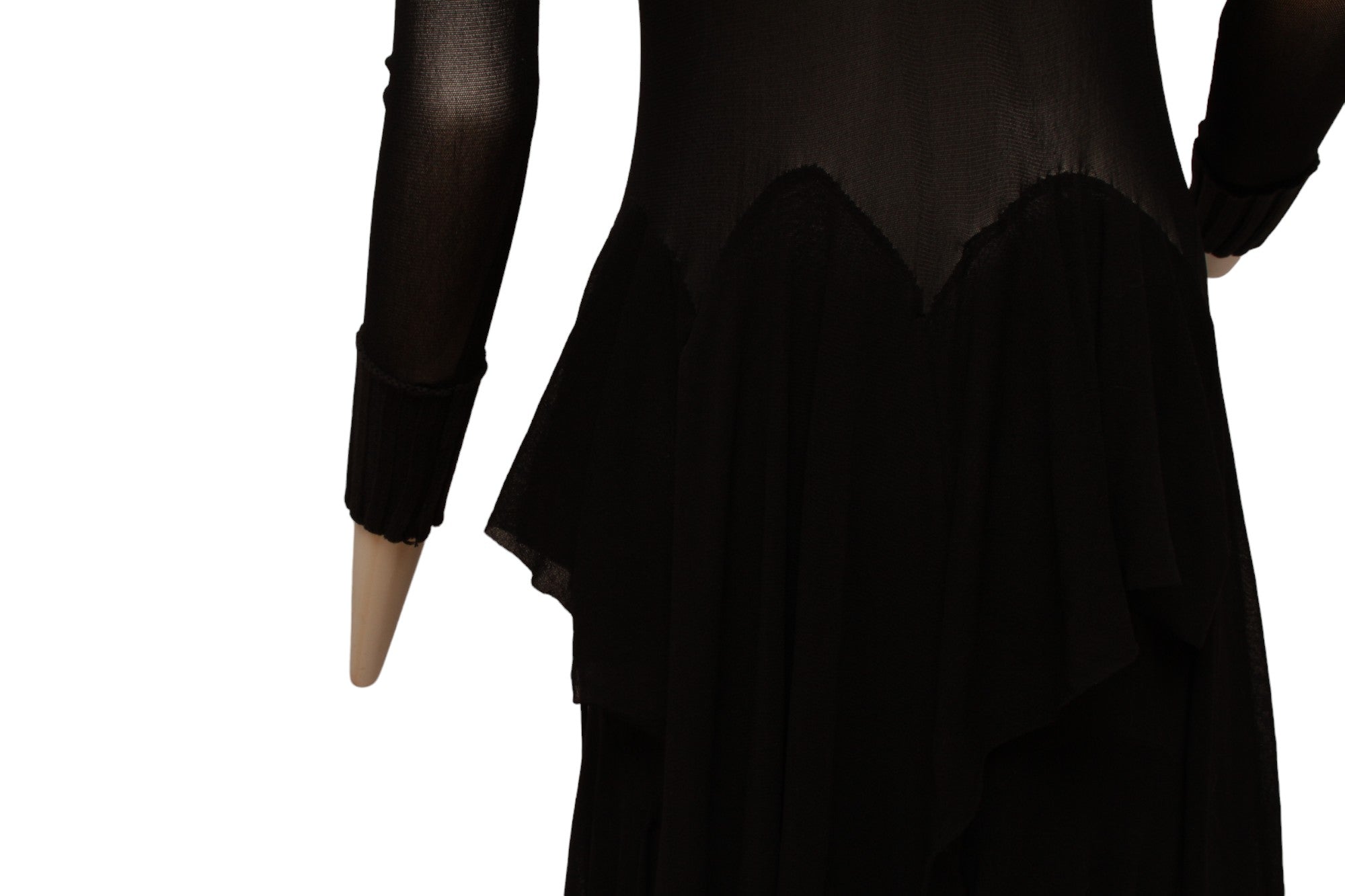 Jean Paul Gaultier Maille Black Mesh Dress with Handkerchief Point Skirt with Knit Ribbed collar and Sleeve Cuffs