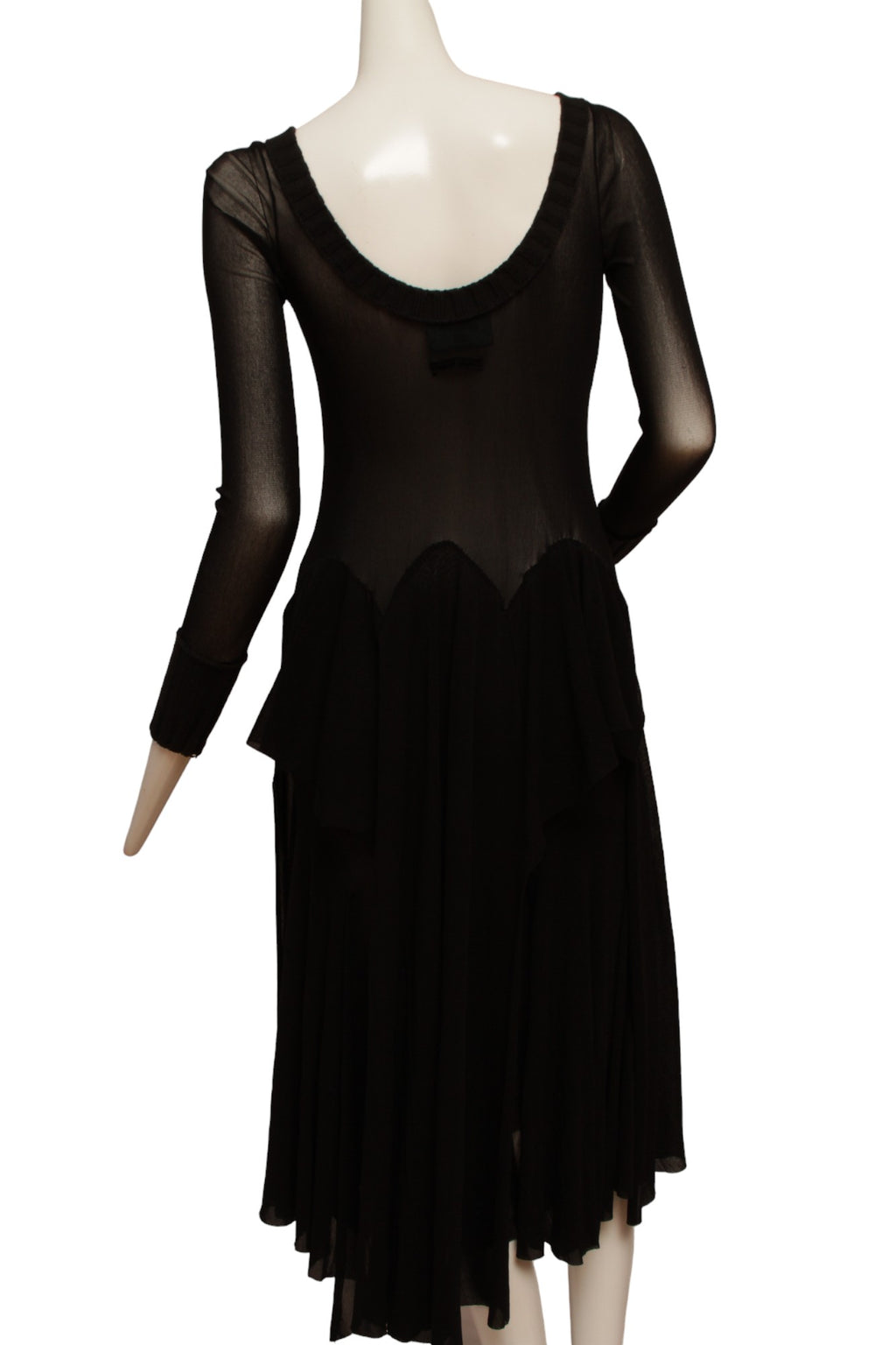 Jean Paul Gaultier Maille Black Mesh Dress with Handkerchief Point Skirt with Knit Ribbed collar and Sleeve Cuffs