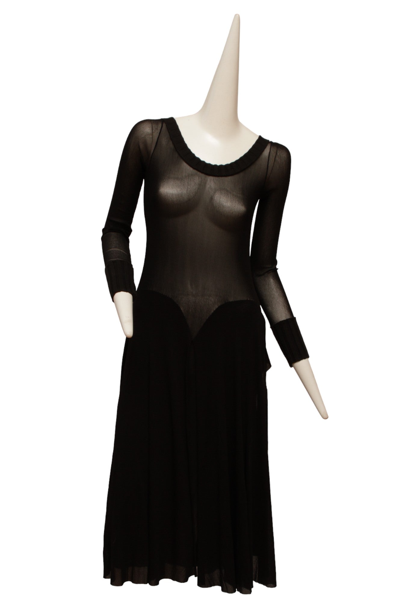 Jean Paul Gaultier Maille Black Mesh Dress with Handkerchief Point Skirt with Knit Ribbed collar and Sleeve Cuffs